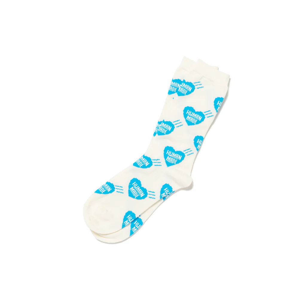 Human Made Long Socks Blue, featuring blue heart logo pattern on off-white cotton blend with ribbed cuffs and extended length.