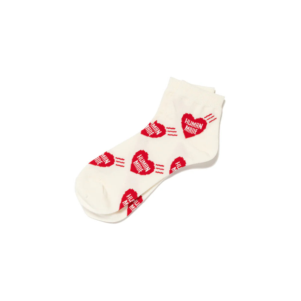 Human Made Short Socks Red SS24, ankle-length socks with red heart logo pattern on off-white cotton blend fabric.