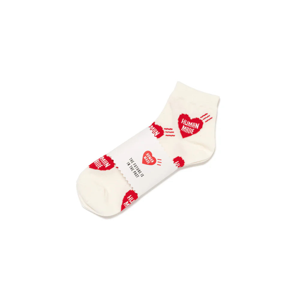 Human Made Short Socks Red SS24, ankle-length socks with red heart logo pattern on off-white cotton blend fabric.