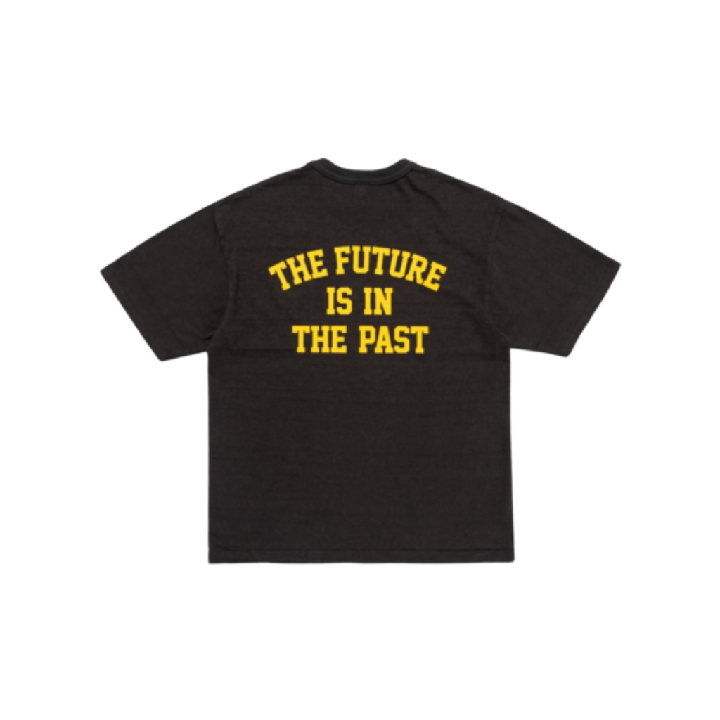 Human Made 'The Future Is In The Past' T-Shirt Black SS24, featuring yellow front and back graphics on black cotton tee.