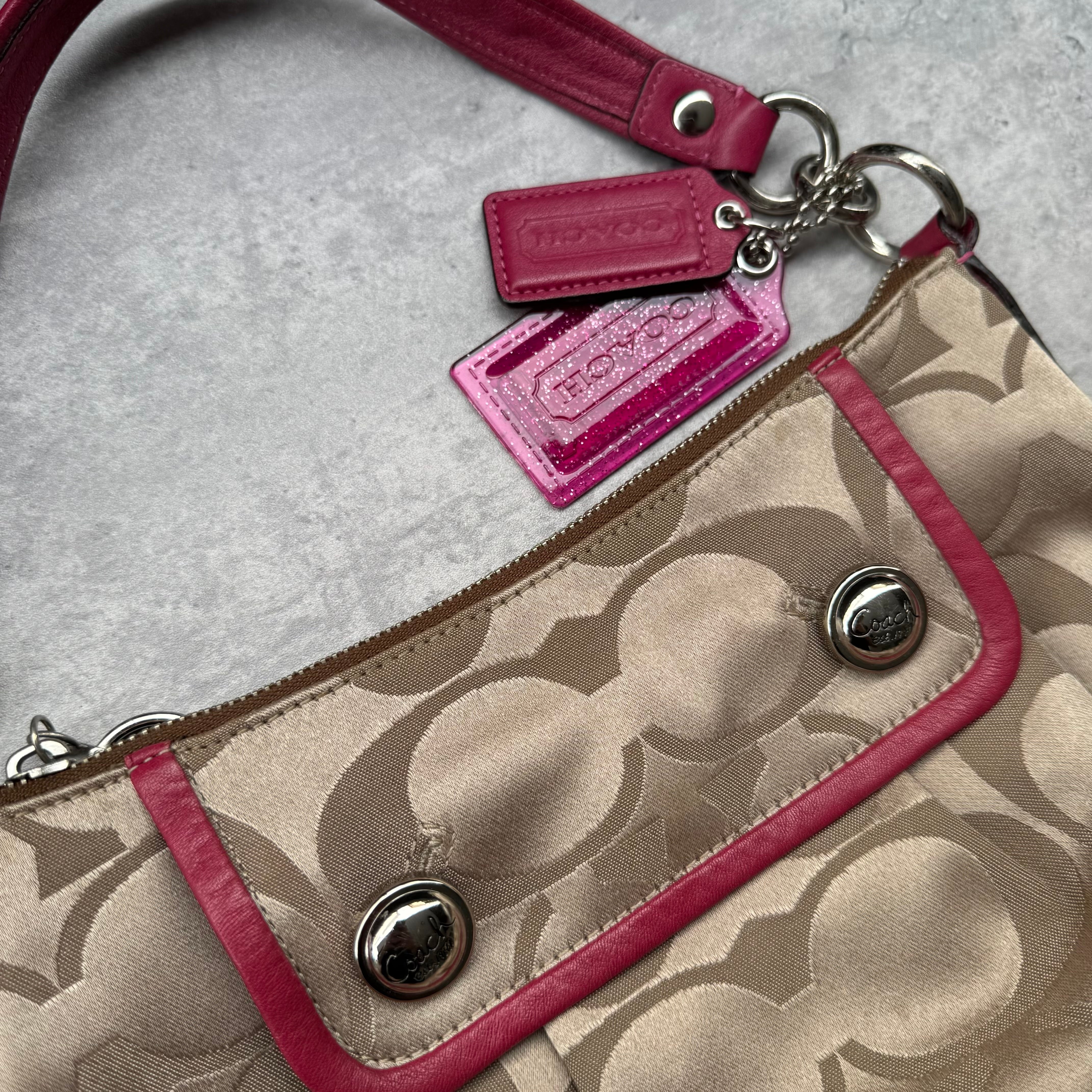 Coach Poppy Signature Sateen Groovy Shoulder Bag in Beige with Pink Trim, featuring satin canvas body, silver button details, glitter hangtag, and detachable pink-striped crossbody strap.
