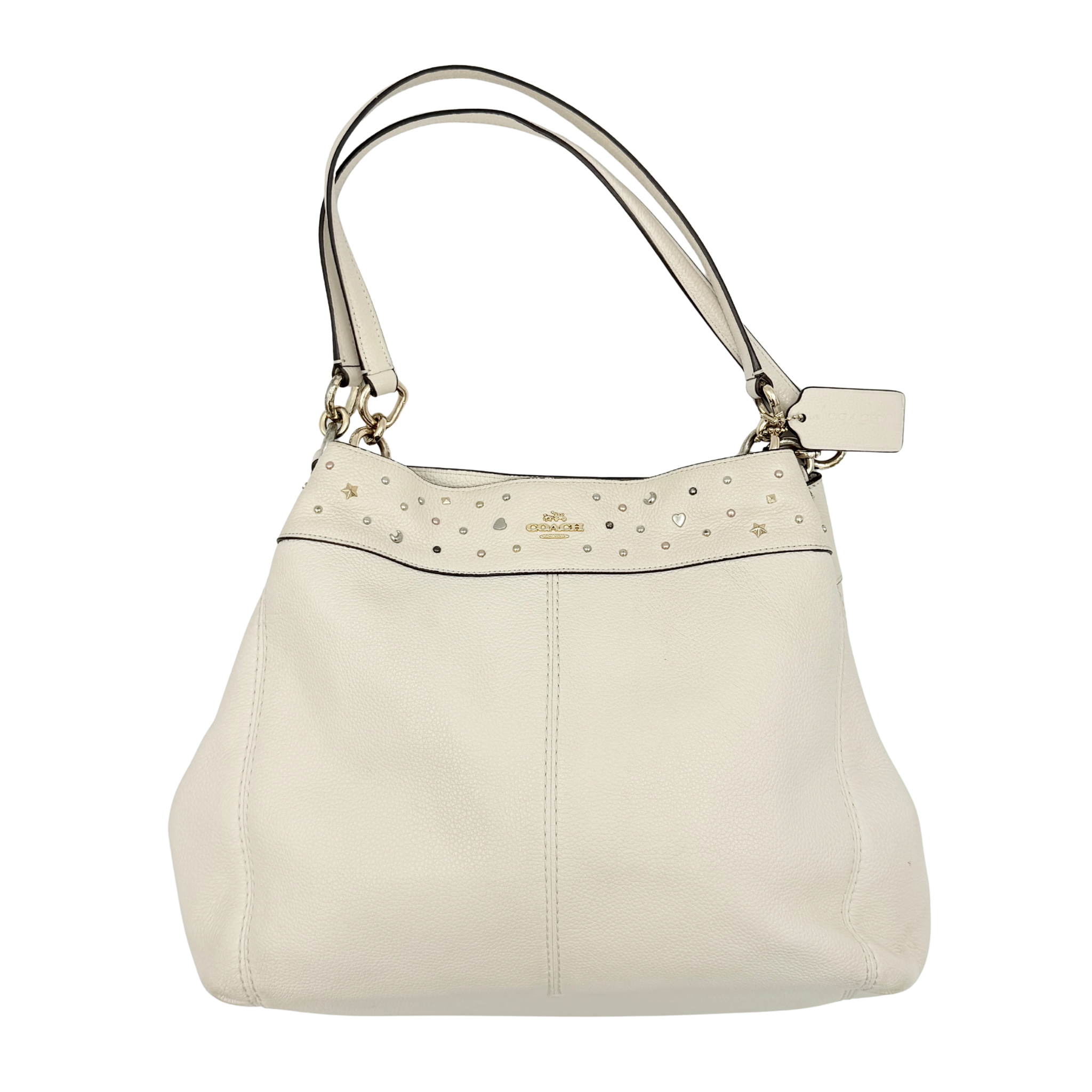 Coach Lexy Stardust Studded Chalk Hobo in ivory pebbled leather, adorned with mixed metal studs and dual handles.