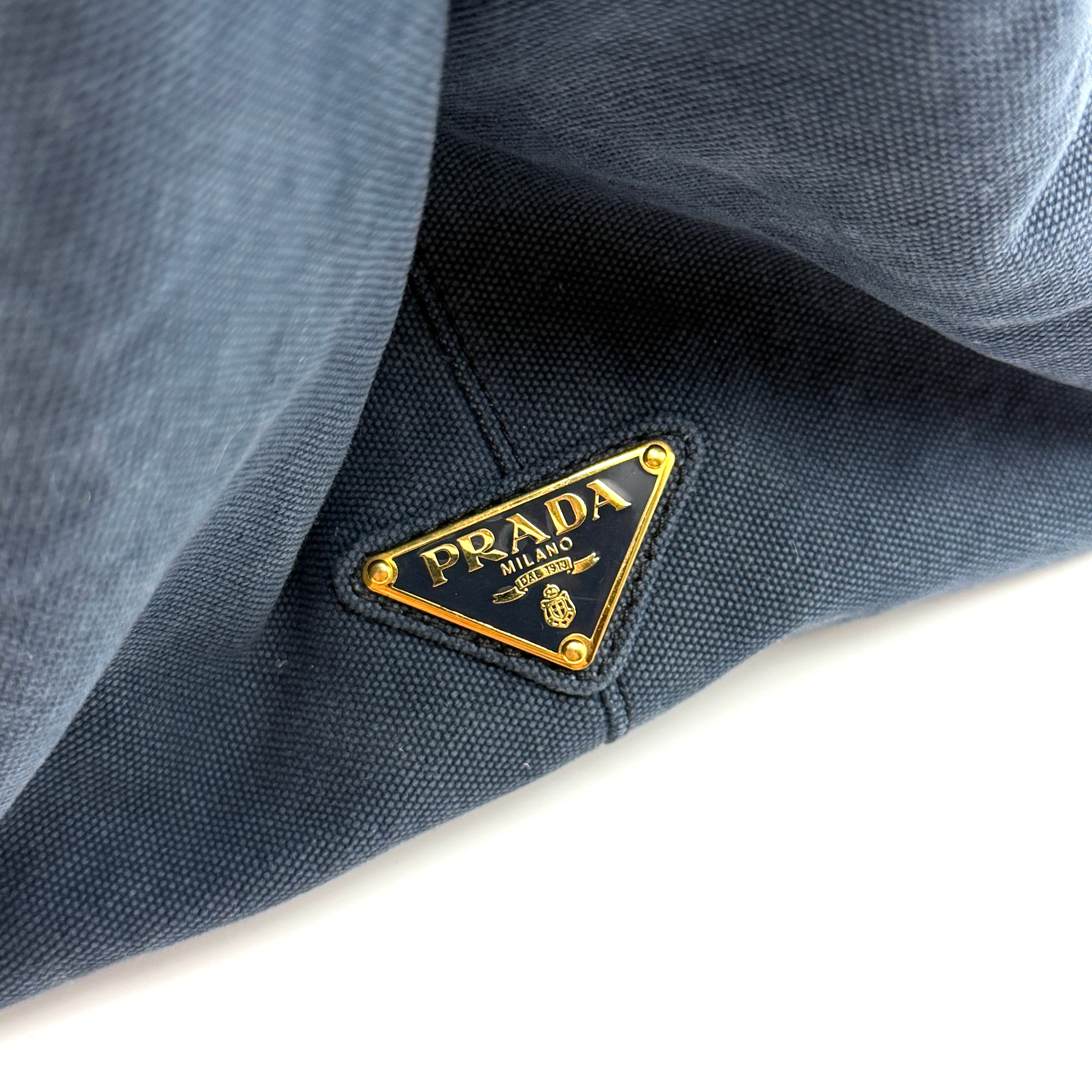 Prada Canapa Embroidered Logo Tote Bag Blue