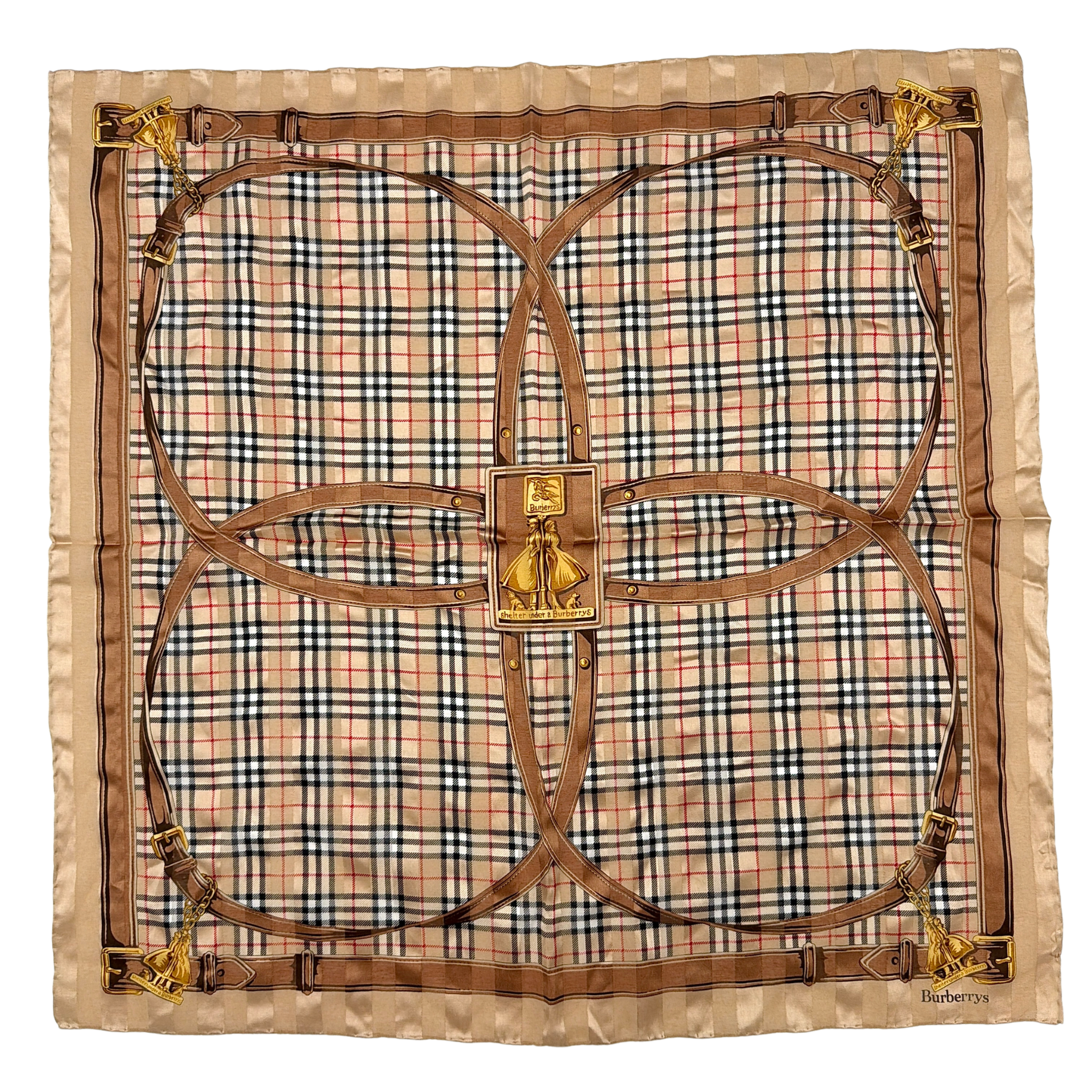 Editorial image of a Burberry silk bandana featuring Nova Check and equestrian-inspired harness motif in beige and gold tones.
