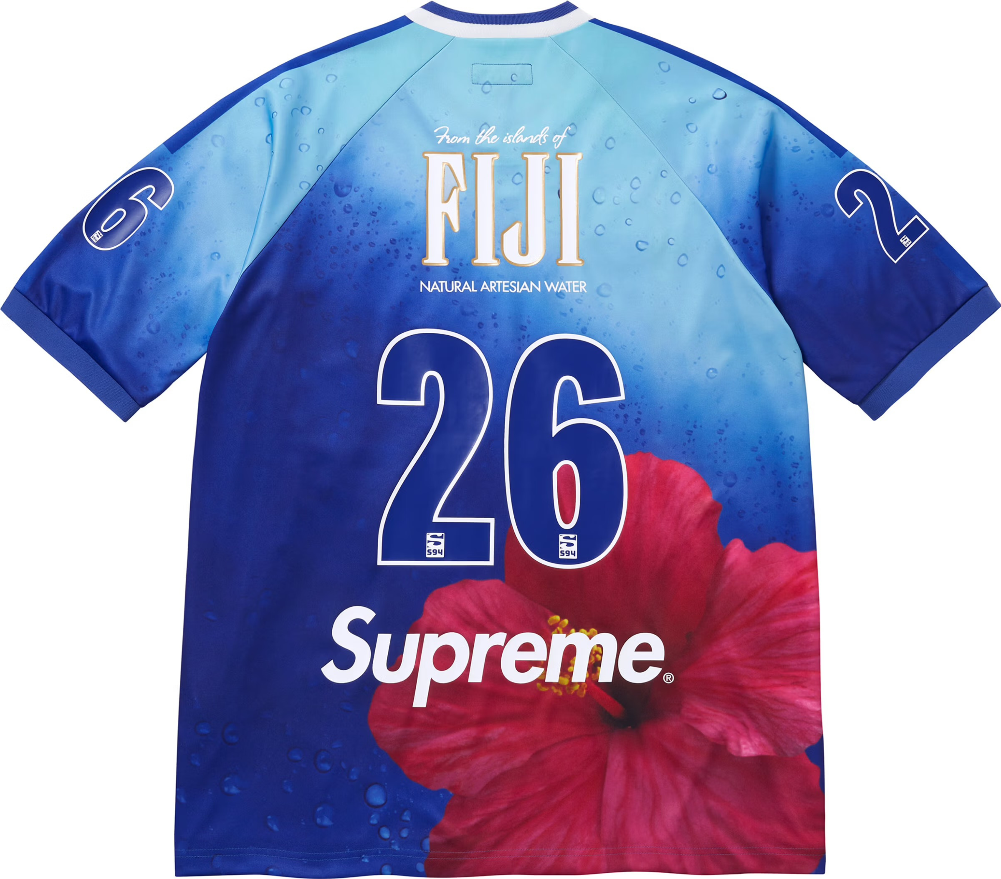 Supreme Fiji Soccer Jersey in multicolor blue with bold floral print and large FIJI branding displayed on the front.