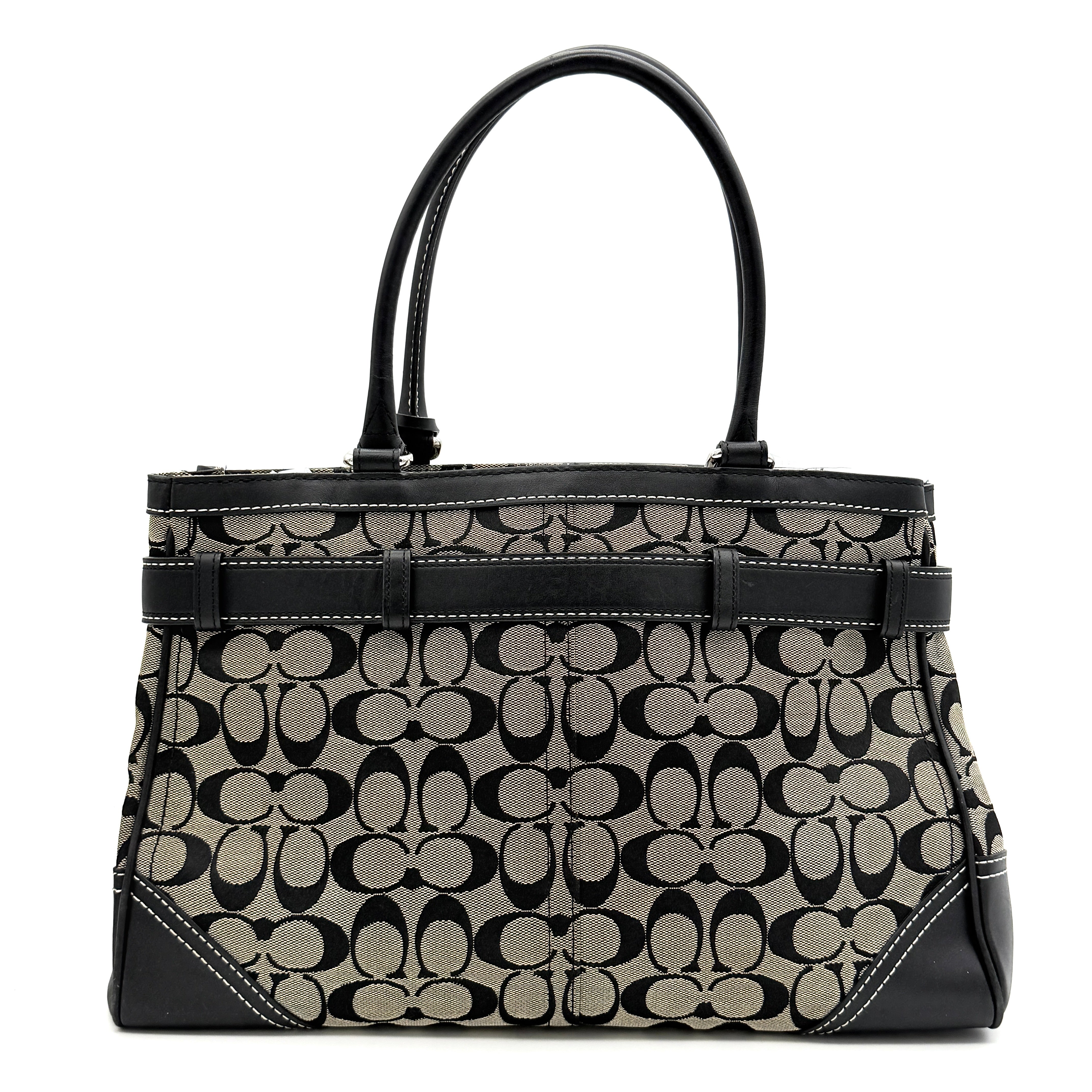 Coach Signature Hampton Clip Shoulder Bag in grey and black canvas with leather trim and silver-tone hardware, displayed with double handles.