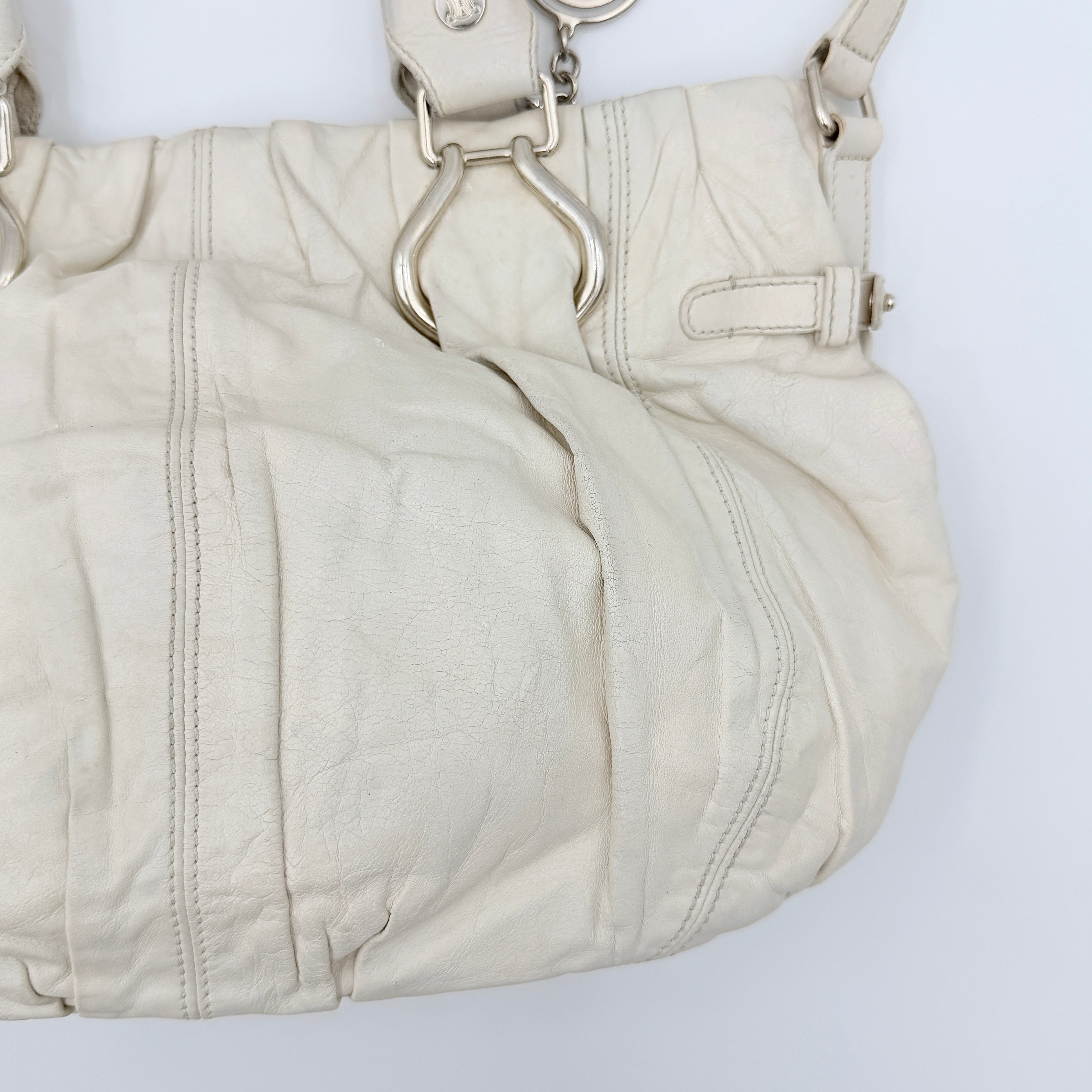 Celine 2Way Leather Shoulder Bag in white leather with architectural silver hardware, top handles, and an adjustable shoulder strap.