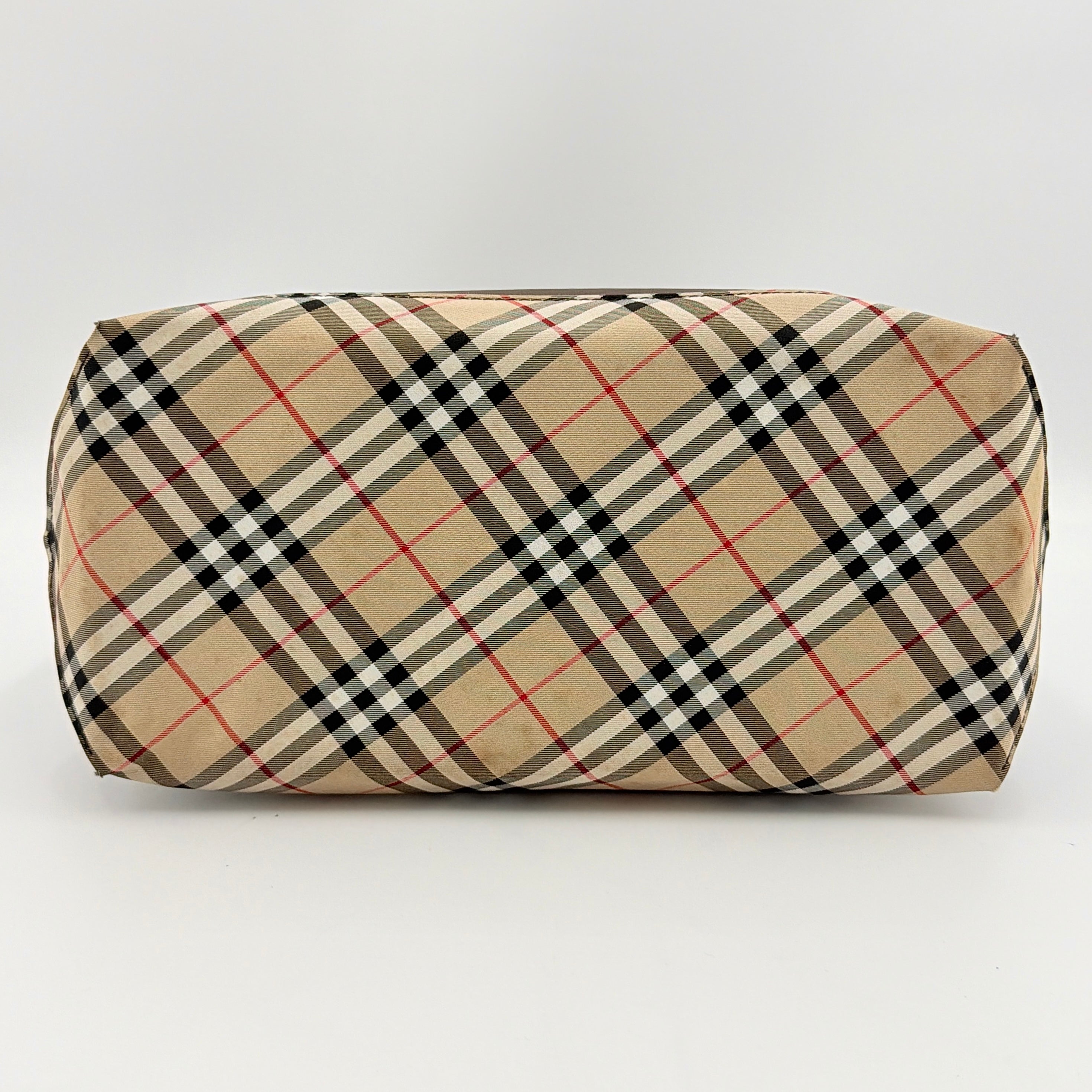 Burberry Blue Label nylon tote bag in brown with iconic check-detail base and structured double handles.