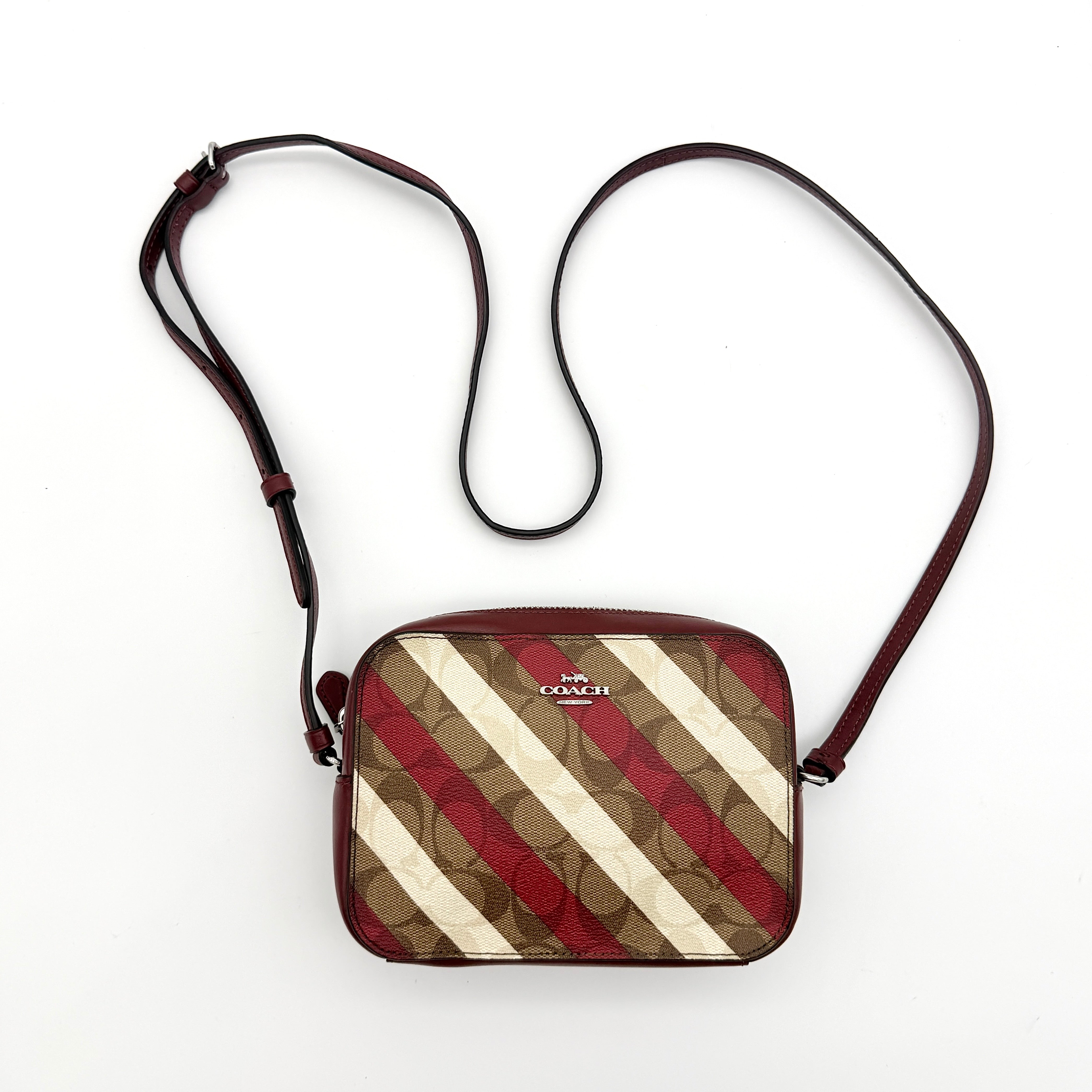 Coach Signature Stripe Mini Camera Bag Beige/Red