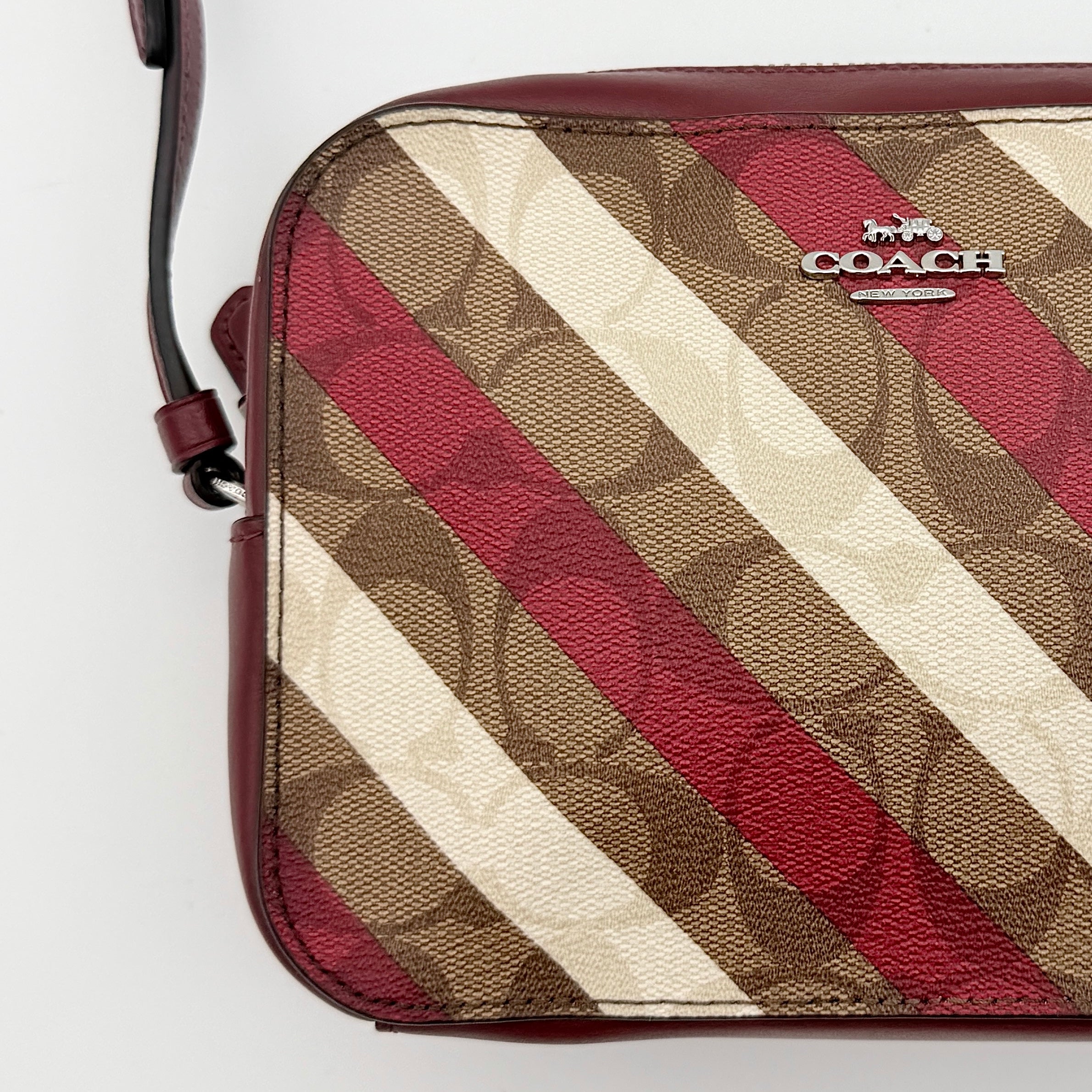 Coach Signature Stripe Mini Camera Bag Beige/Red