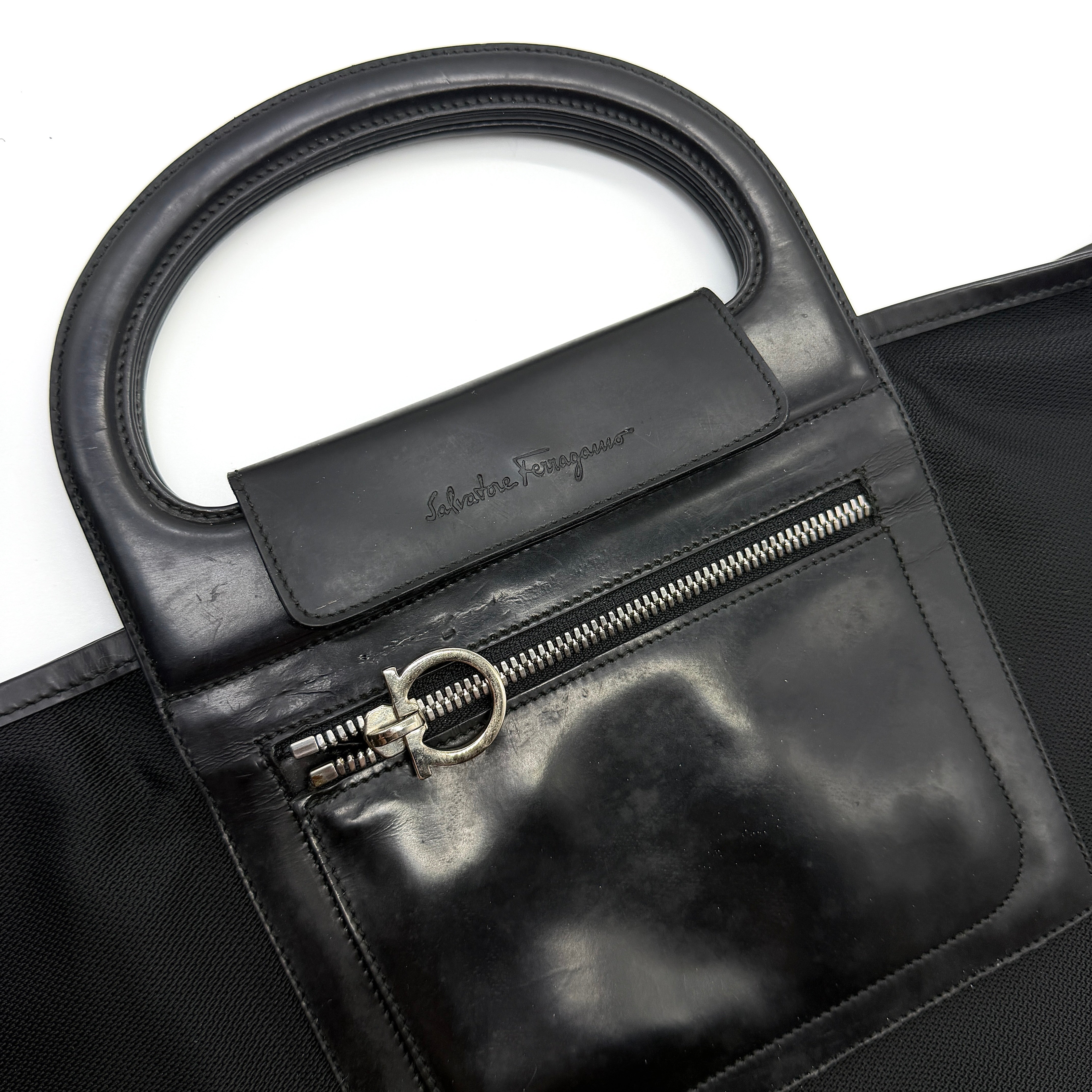 Salvatore Ferragamo Gancini Nylon Handbag Black (Foldable)