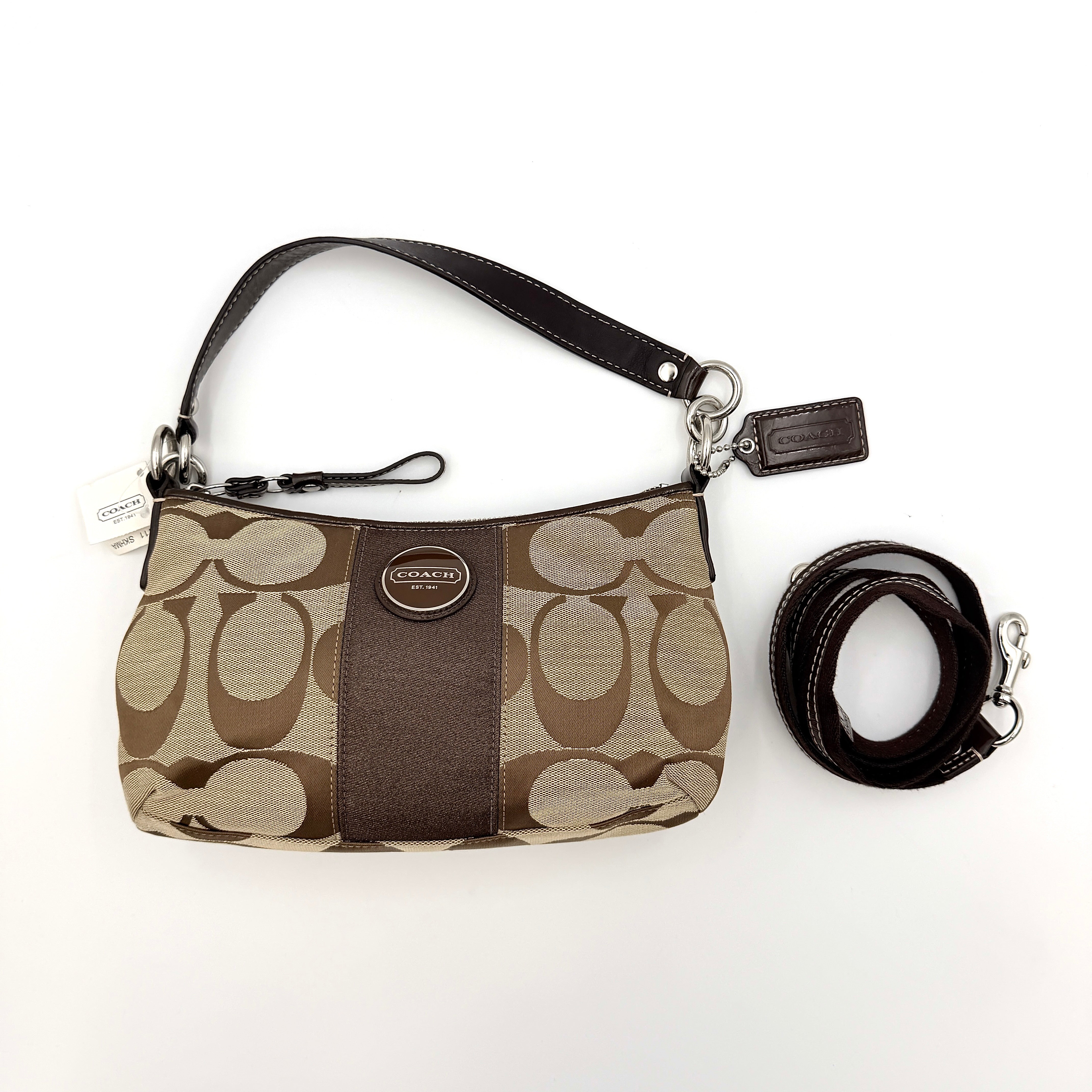 Coach khaki and mahogany signature jacquard shoulder bag with detachable strap and silver hardware displayed on a white background.