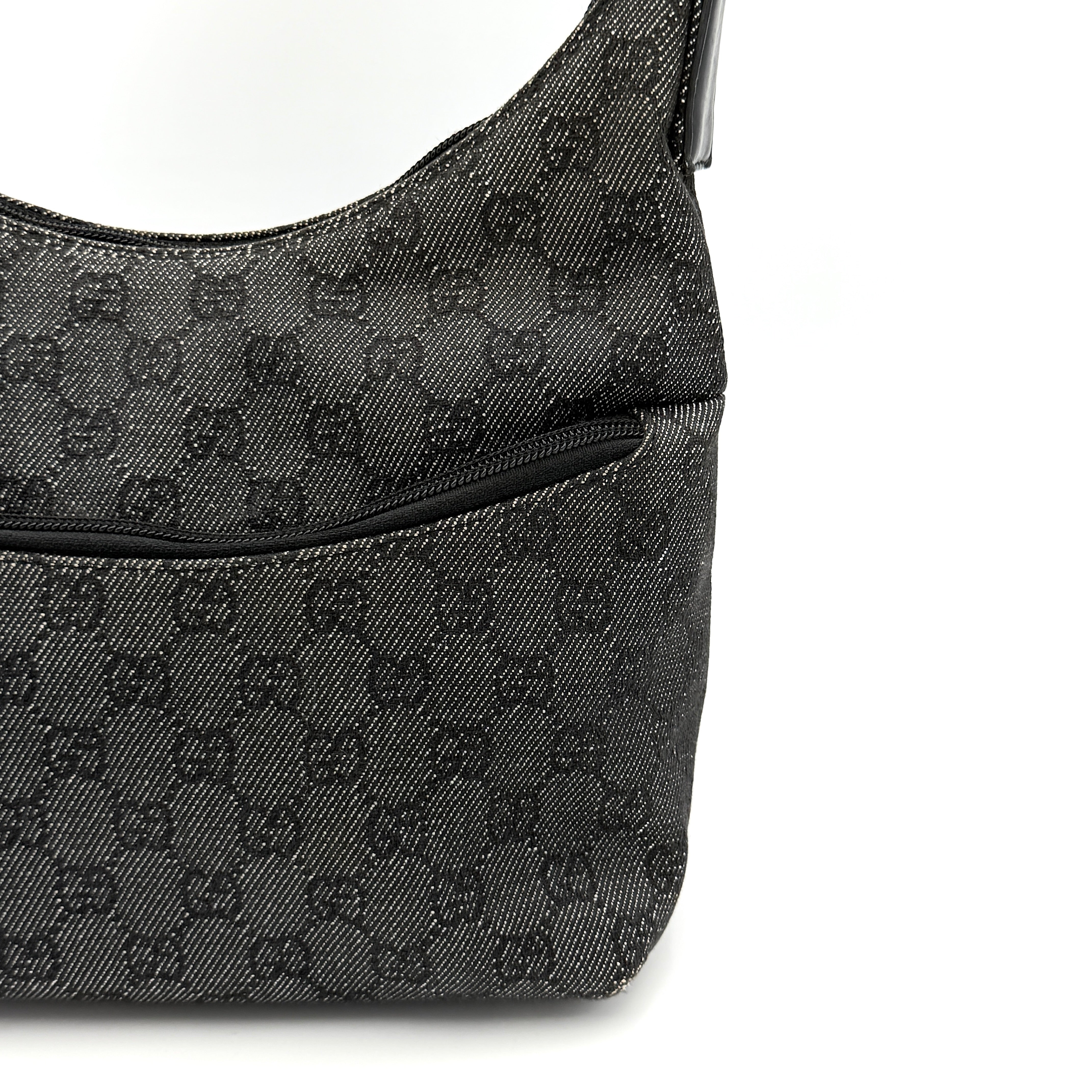 Gucci GG Monogram Hobo Shoulder Bag in black canvas with tonal GG pattern and a curved shoulder strap, photographed on a white background.