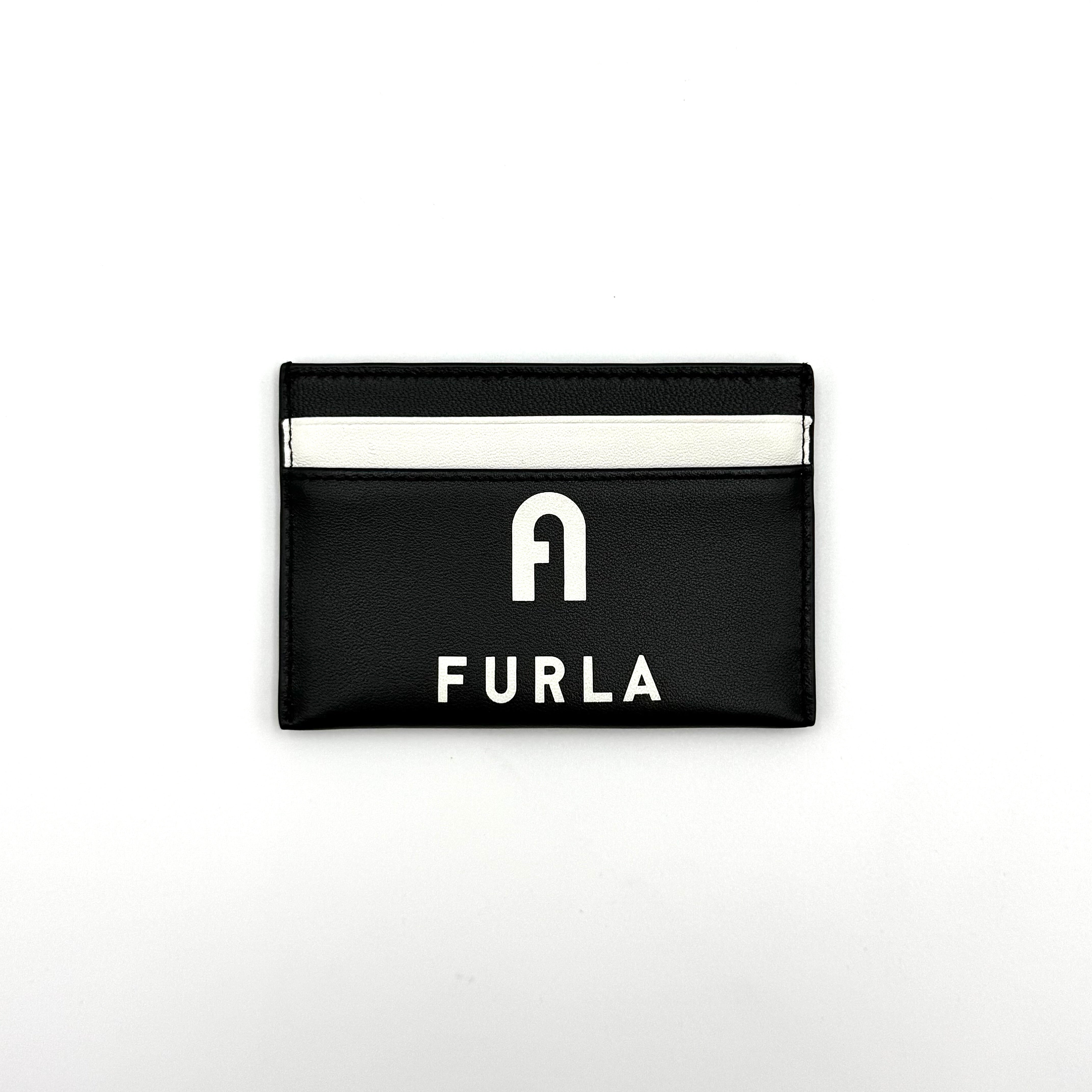 Furla WP00173 black leather cardholder with bold white logo and accent, shown against a white backdrop.