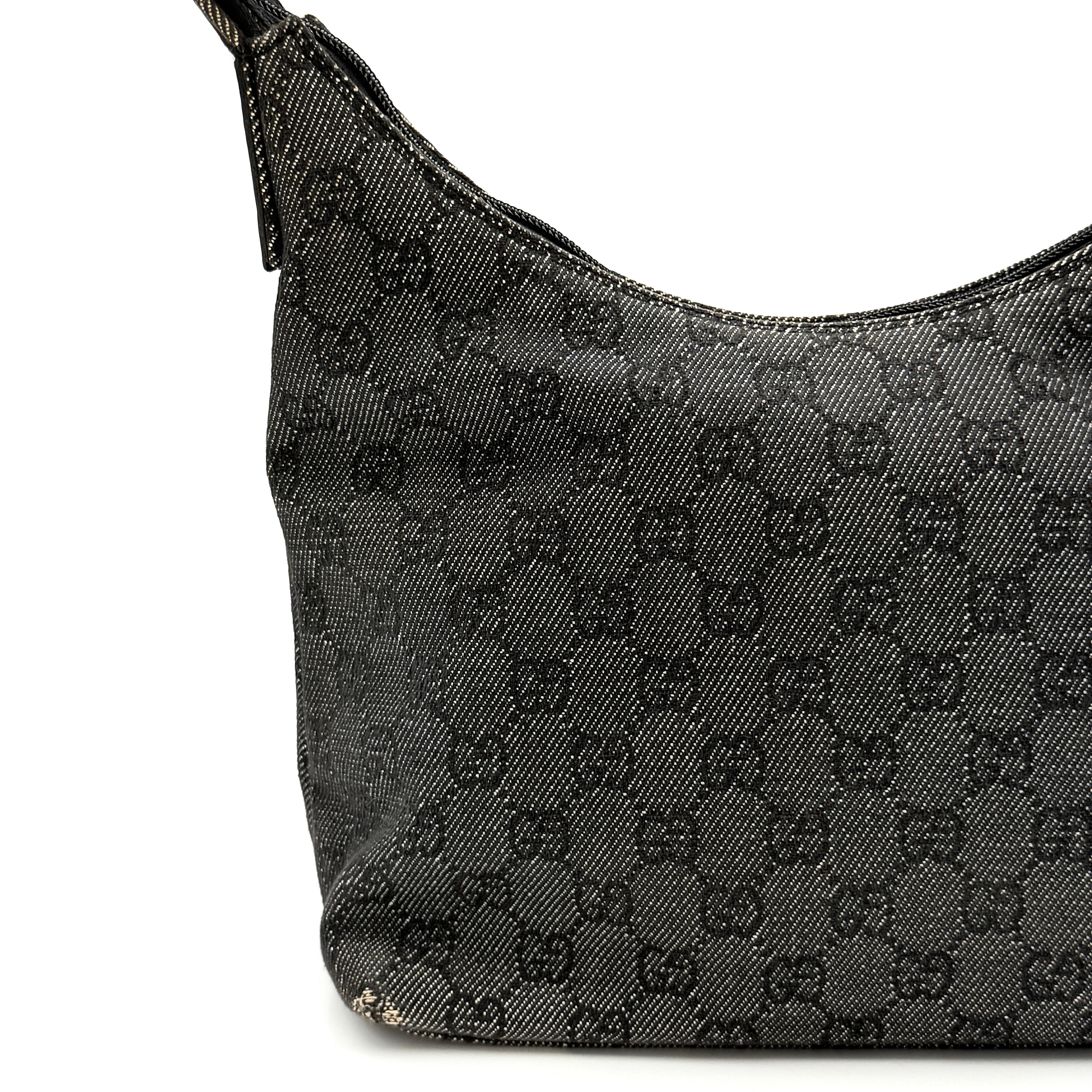 Gucci GG Monogram Hobo Shoulder Bag in black canvas with tonal GG pattern and a curved shoulder strap, photographed on a white background.