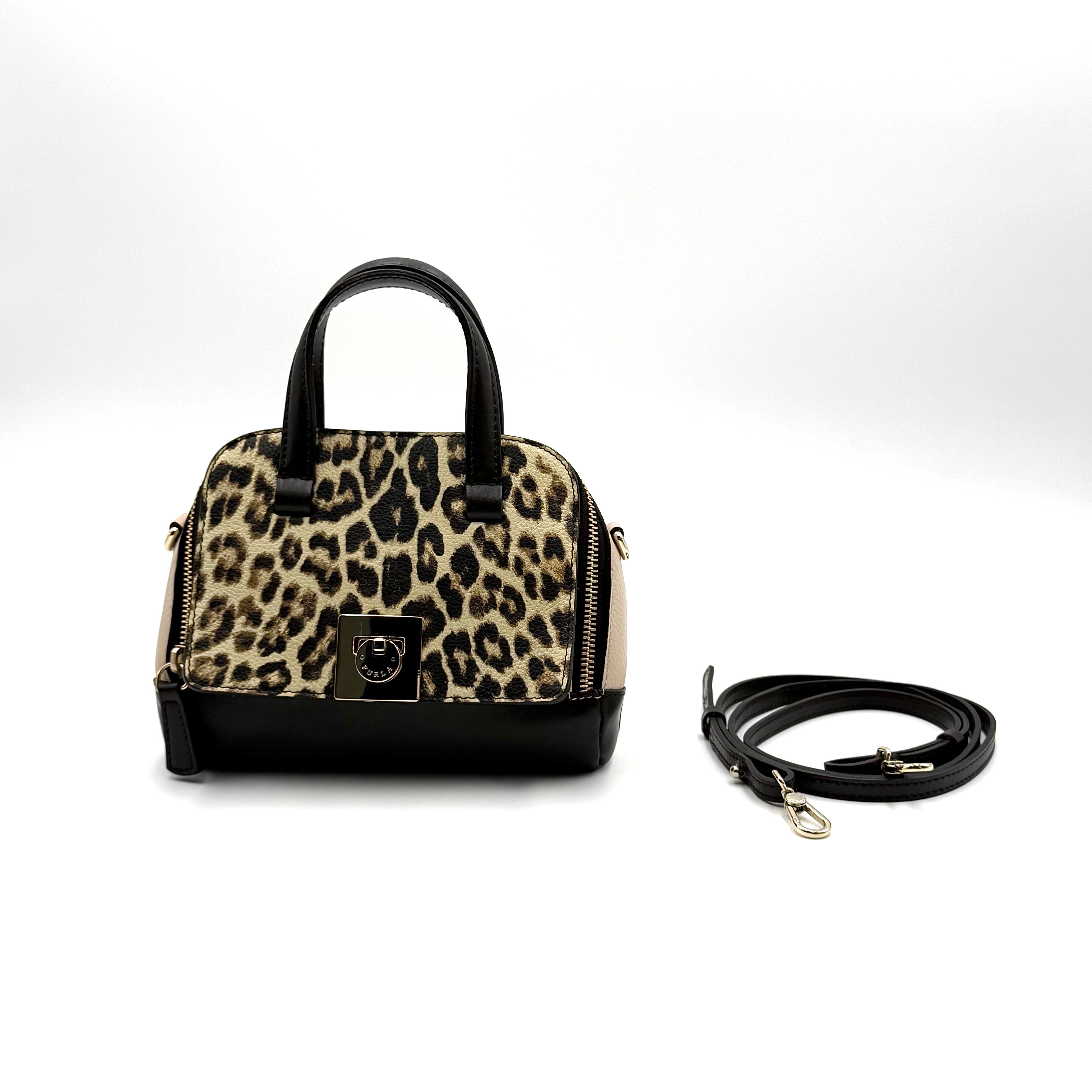 Furla 2Way Leopard Shoulder Bag in black leather with top handles, leopard print front, and detachable strap displayed beside it.