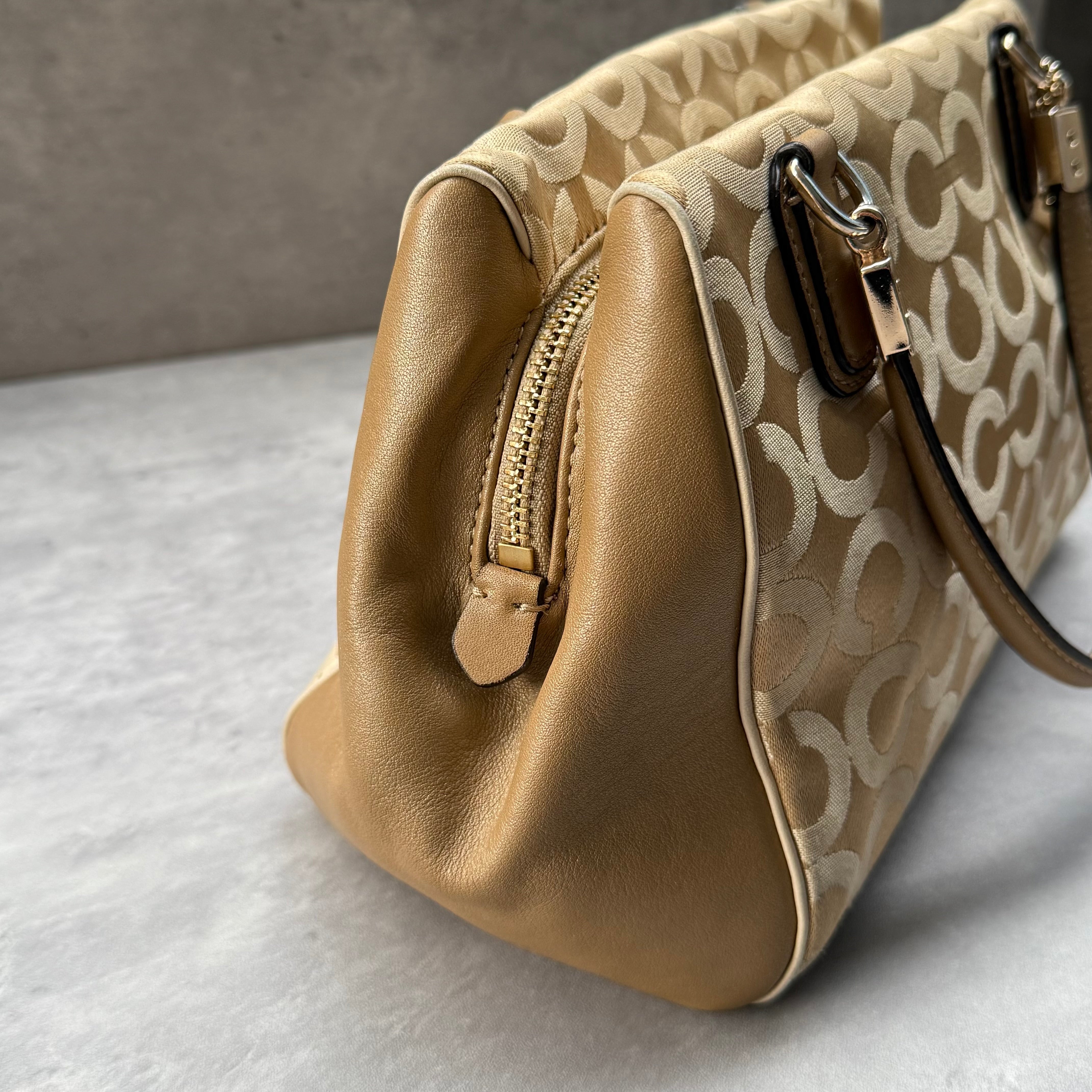 Coach Madison Op Art Sateen Madeline East West Handbag Beige