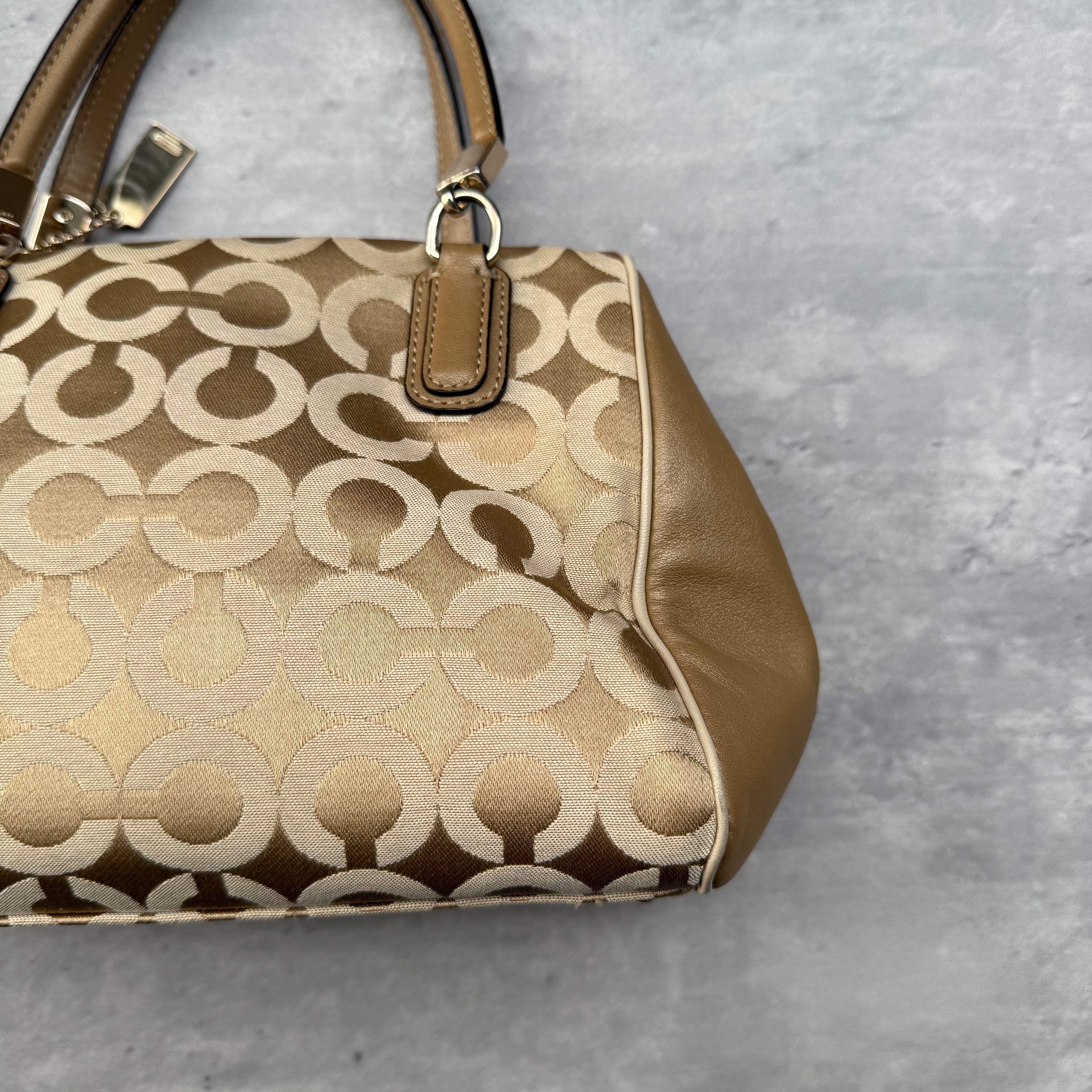 Coach Madison Op Art Sateen Madeline East West Handbag Beige