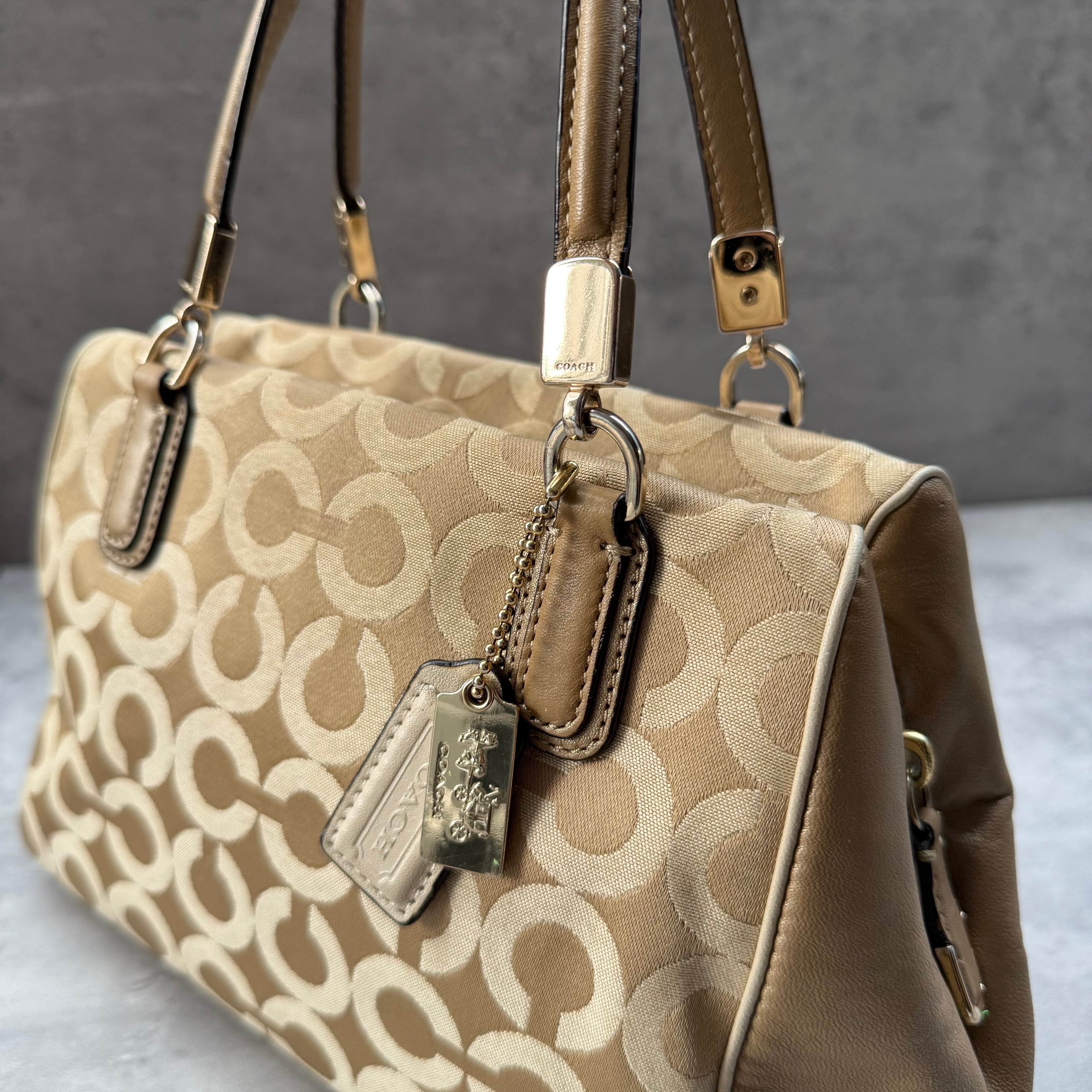 Coach Madison Op Art Sateen Madeline East West Handbag Beige