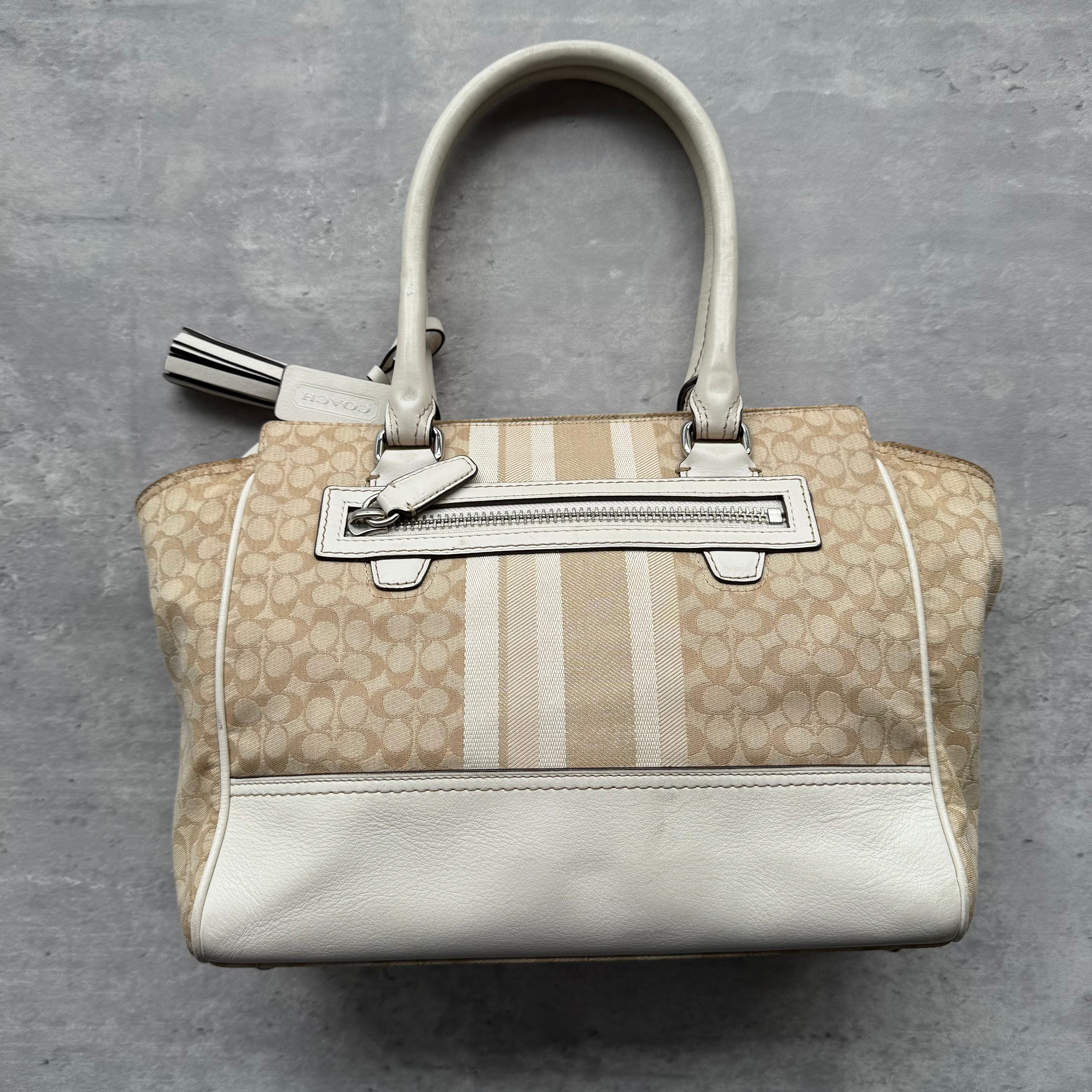 Coach Signature Stripe Candace Carryall Handbag Beige/White