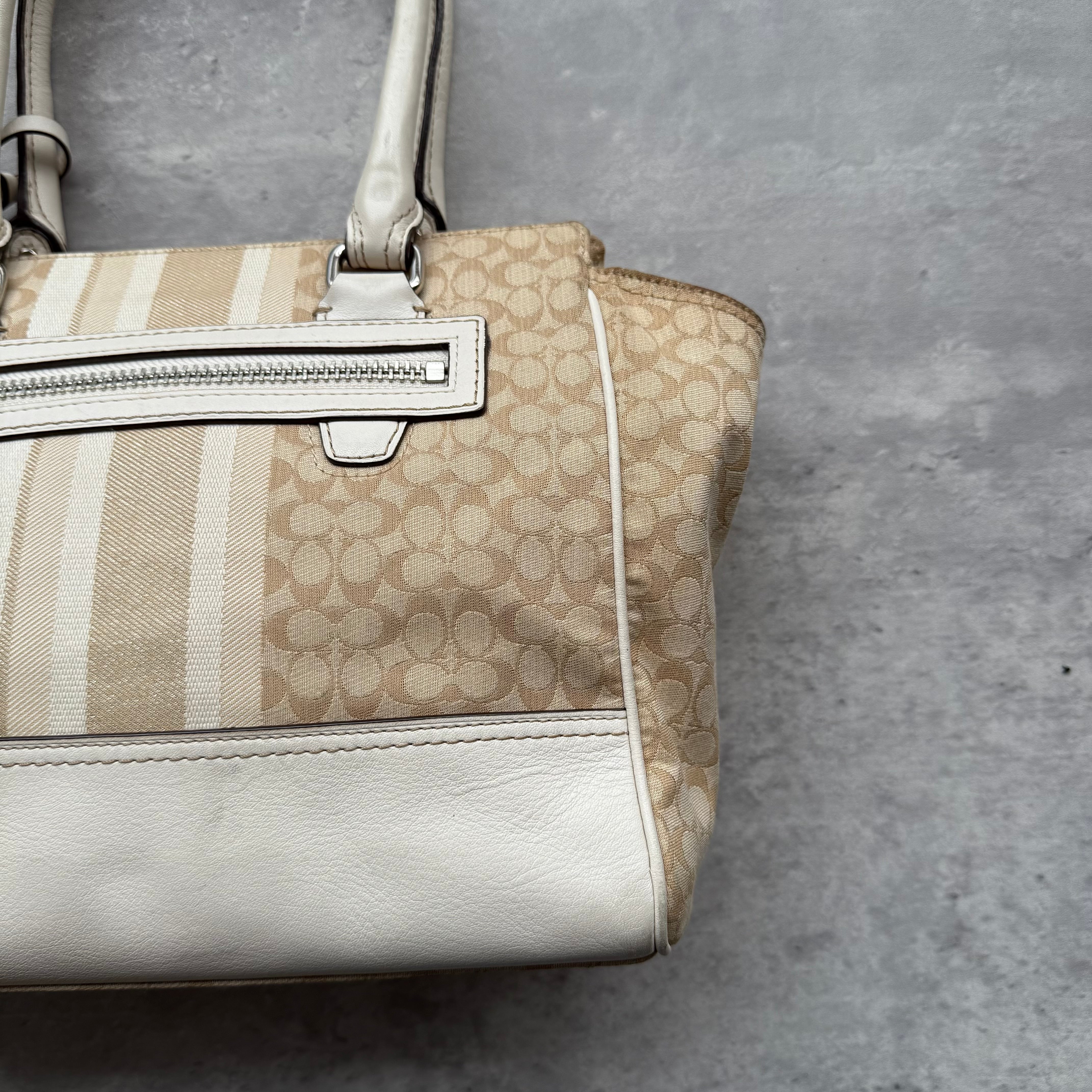 Coach Signature Stripe Candace Carryall Handbag Beige/White