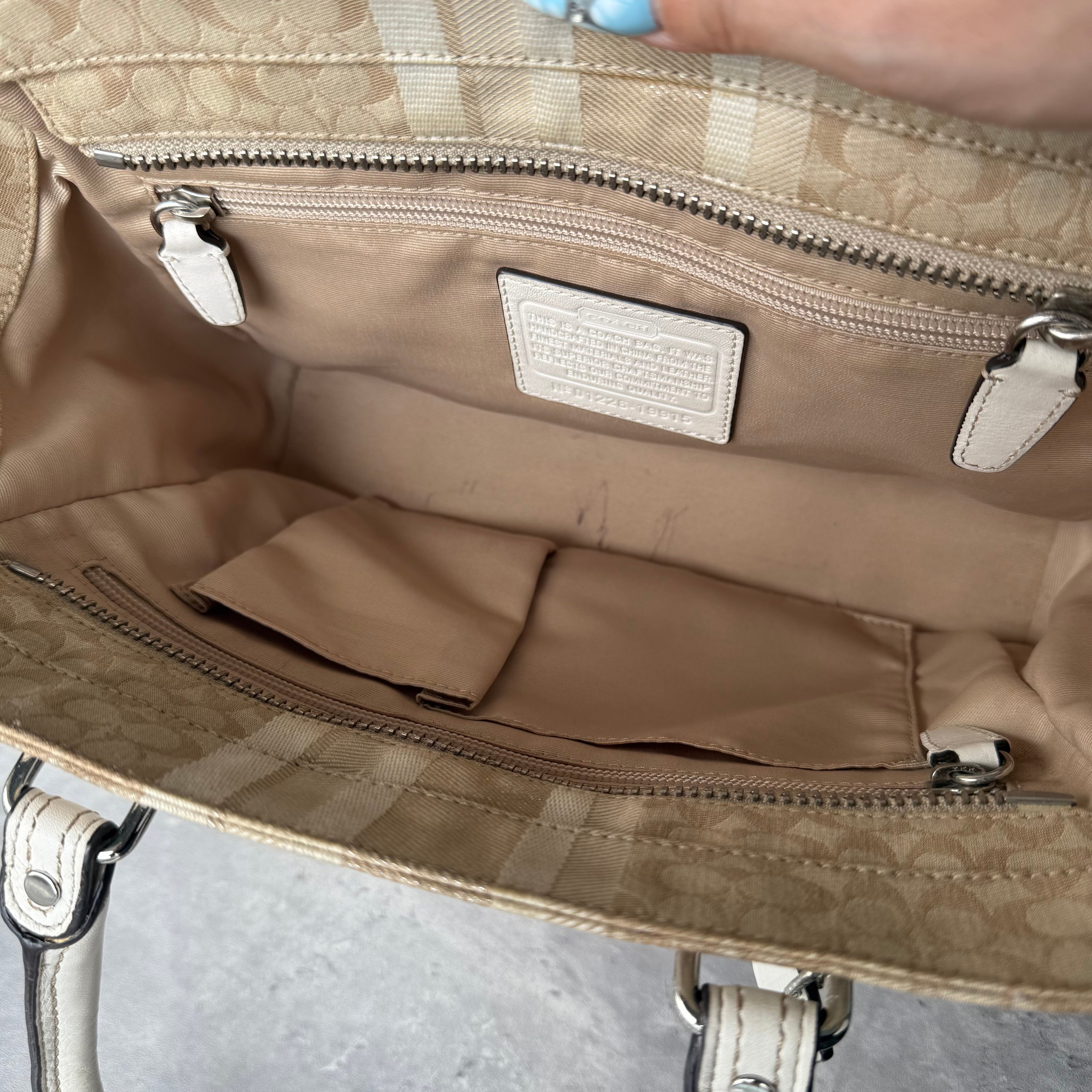 Coach Signature Stripe Candace Carryall Handbag Beige/White