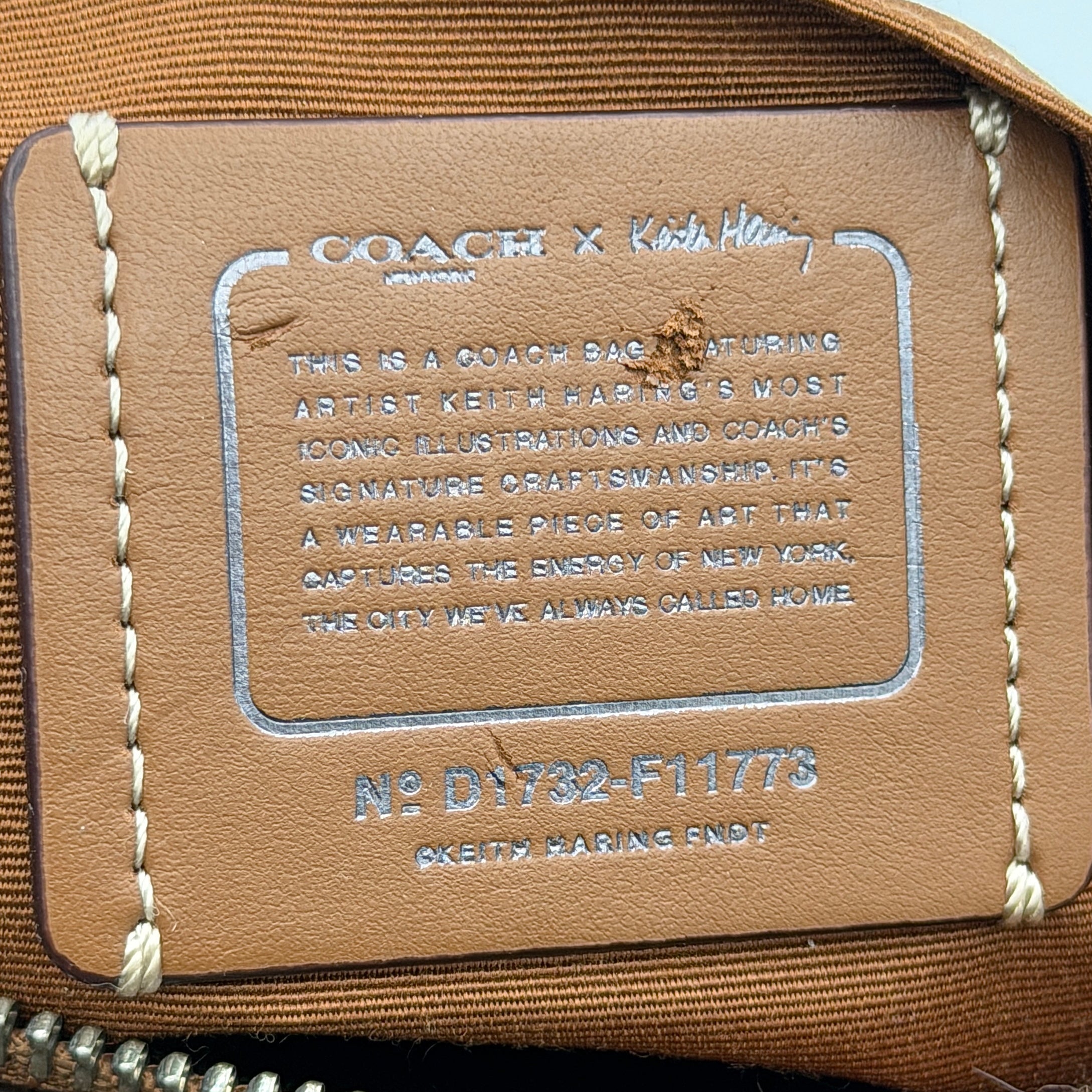 Coach x Keith Haring Lyla Crossbody bag in textured brown leather with bold pink graphic pattern and white artwork, featuring an adjustable strap.