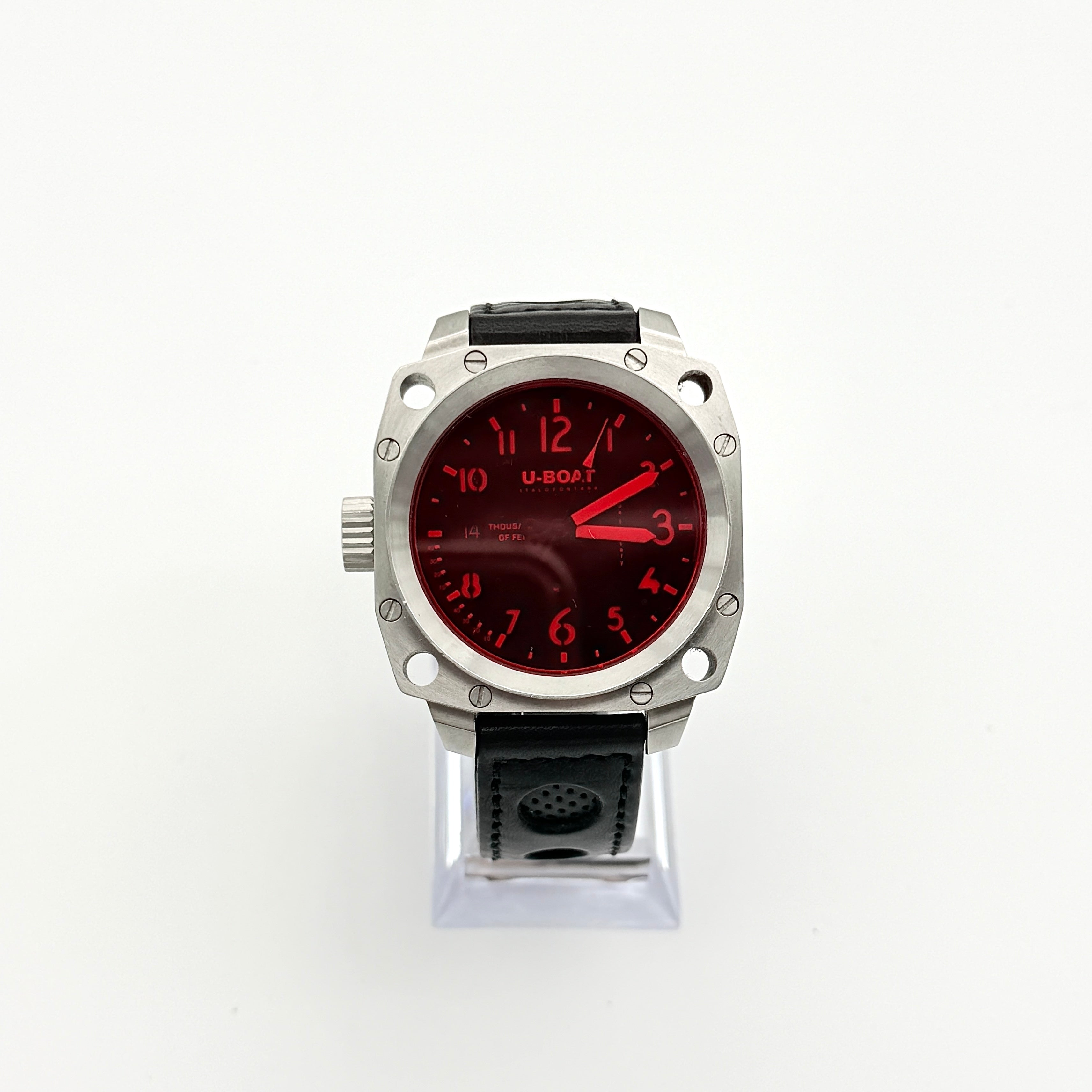 U-Boat Thousands Of Feet stainless steel watch with red dial and black leather strap, displayed on black branded box