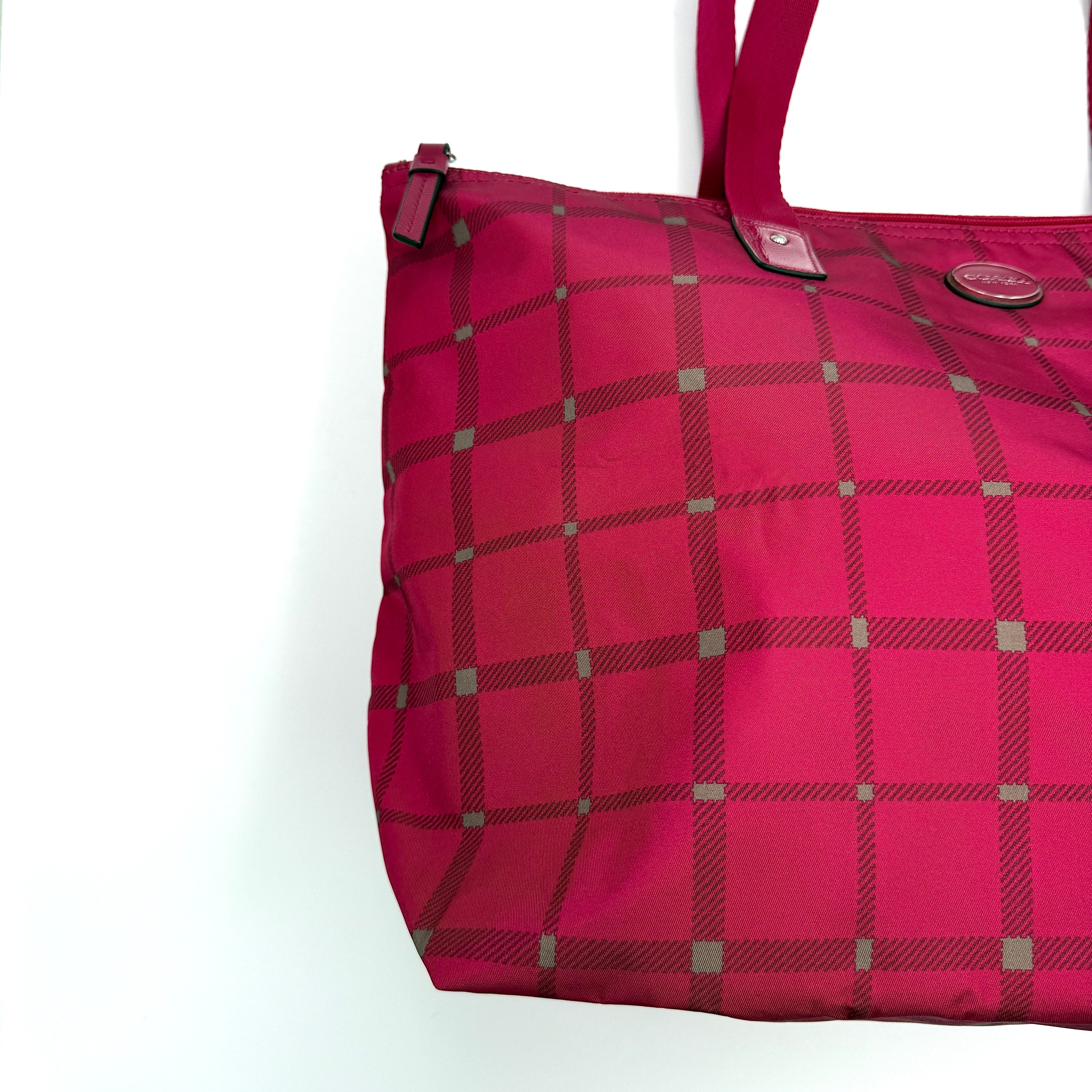 Coach Signature Getaway Weekender Plaid Nylon Tote Bag Pink