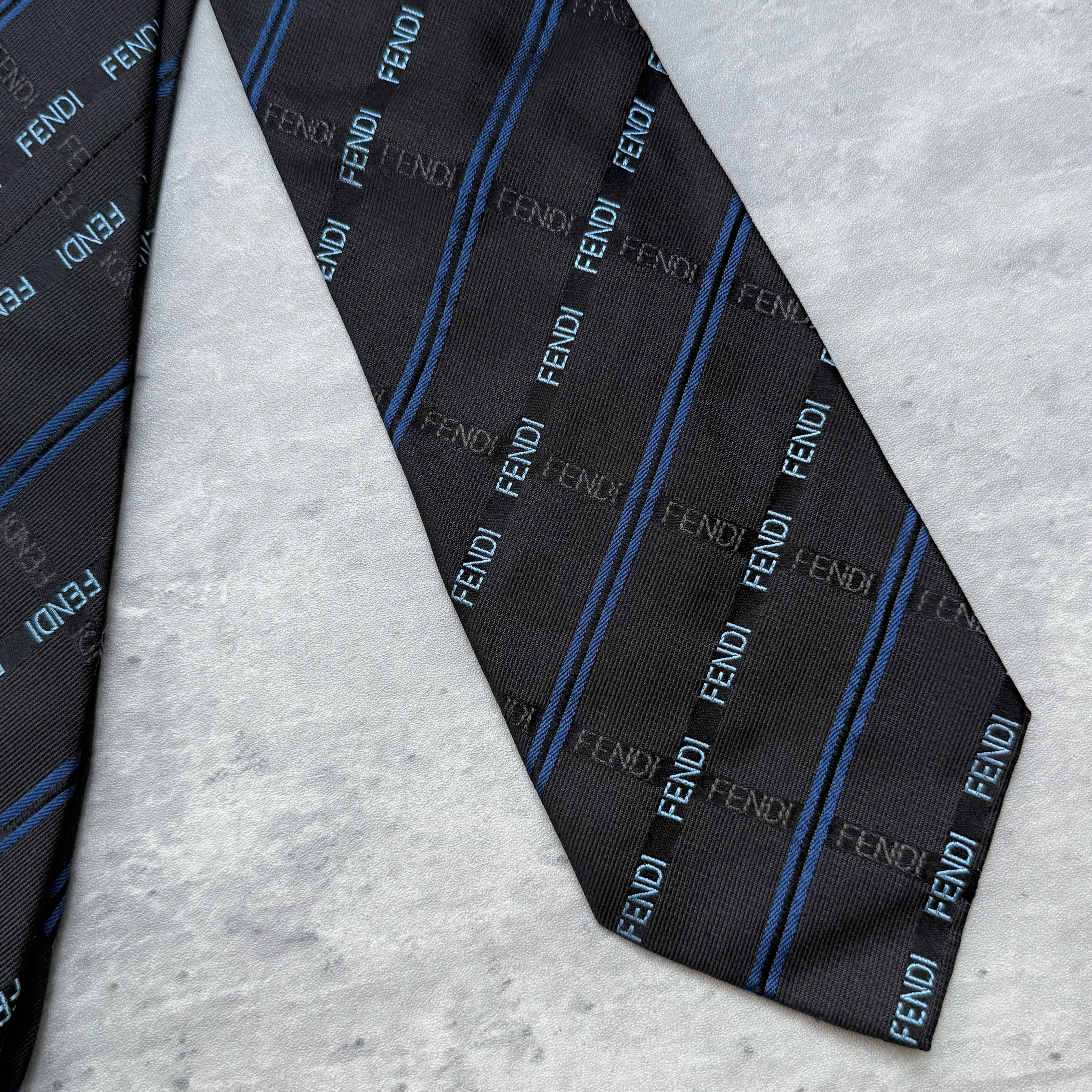 Fendi Monogram Stripes Silk Neck Tie Black/Blue