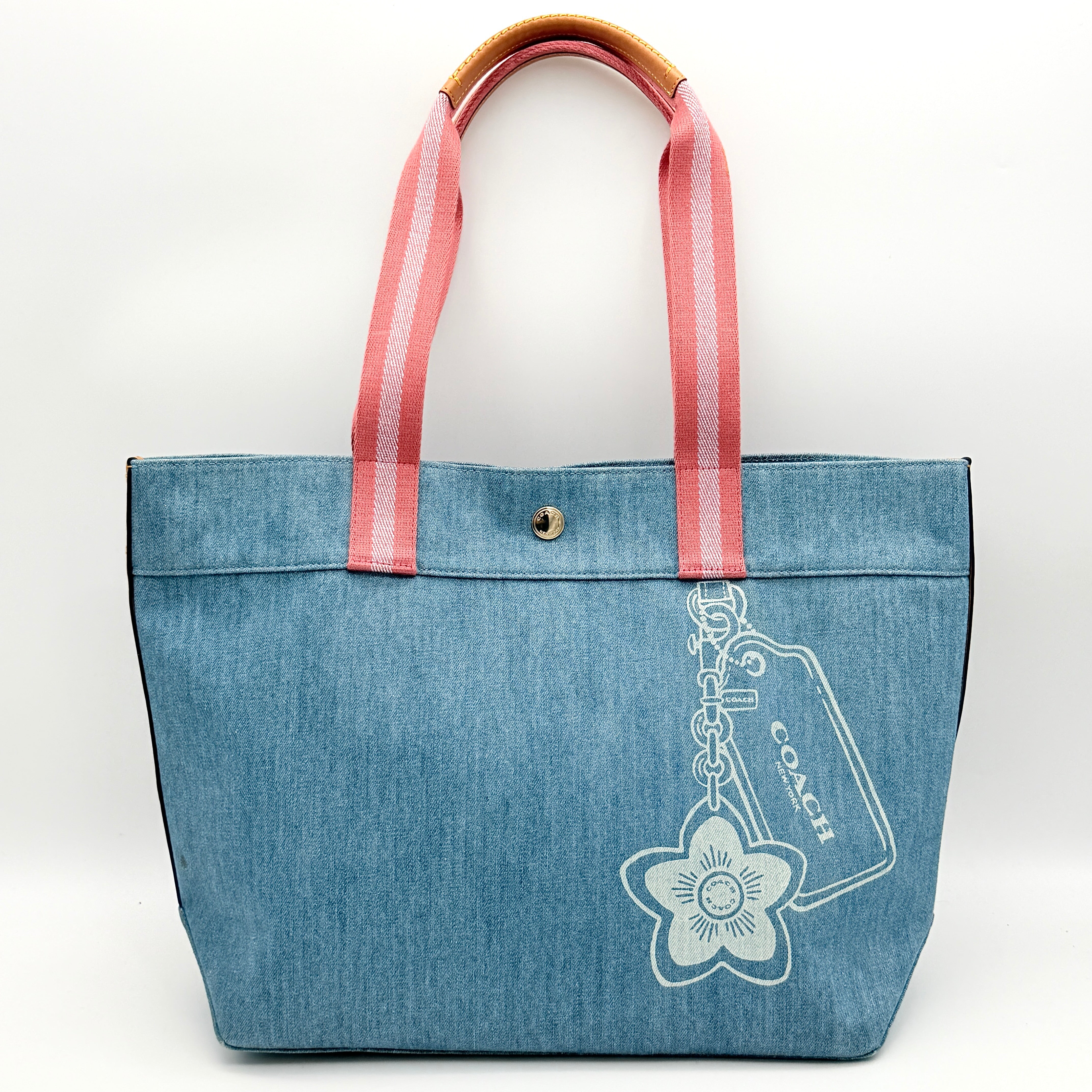 Coach Hang Tag Graphic Print Denim Tote Bag Blue/Pink
