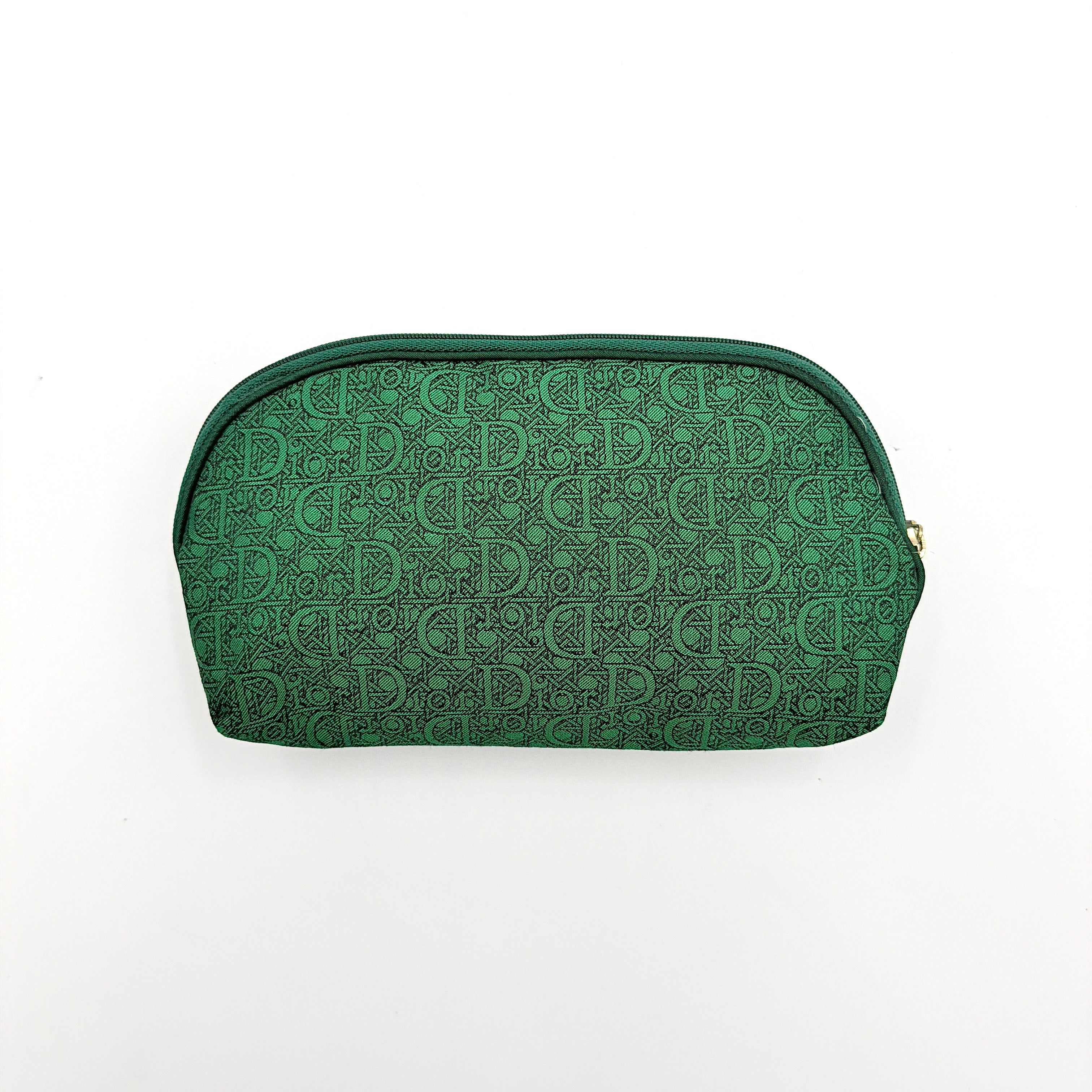 Green Christian Dior Oblique cosmetic pouch with monogram canvas and gold-tone zip, shown from the front.