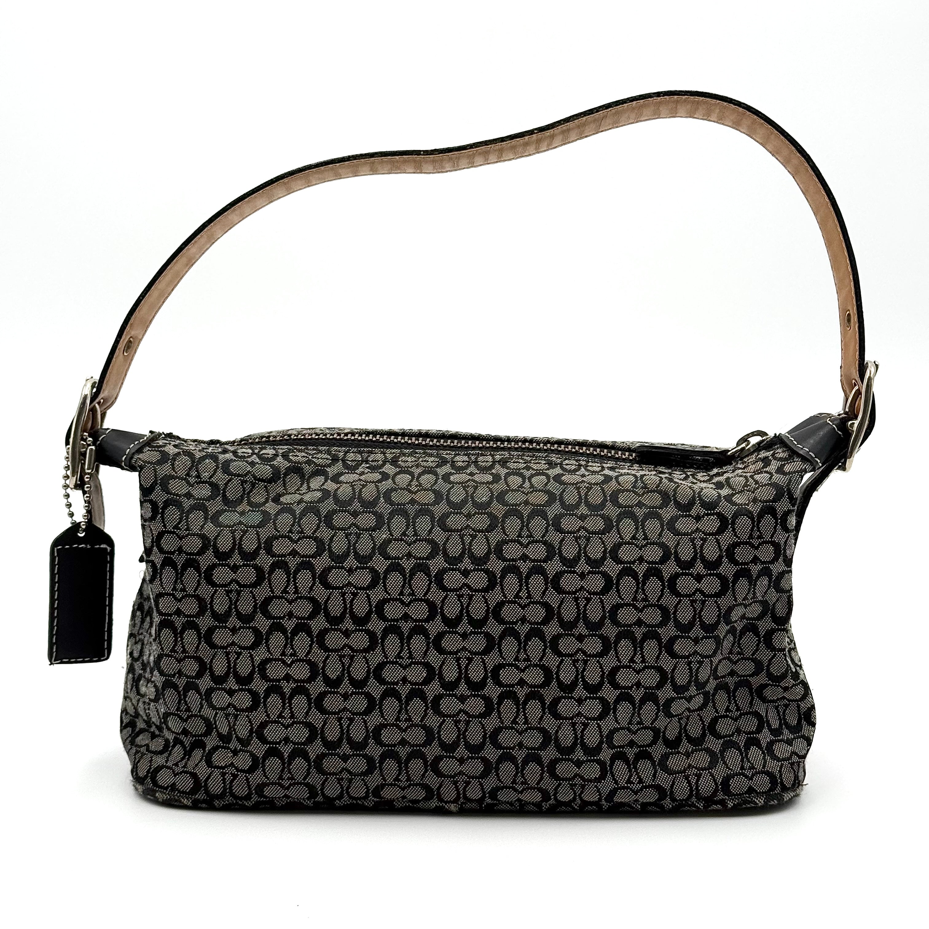 Coach Signature Hobo Shoulder Bag in grey and black canvas with leather trim and silver hardware, shown with monogram detail.