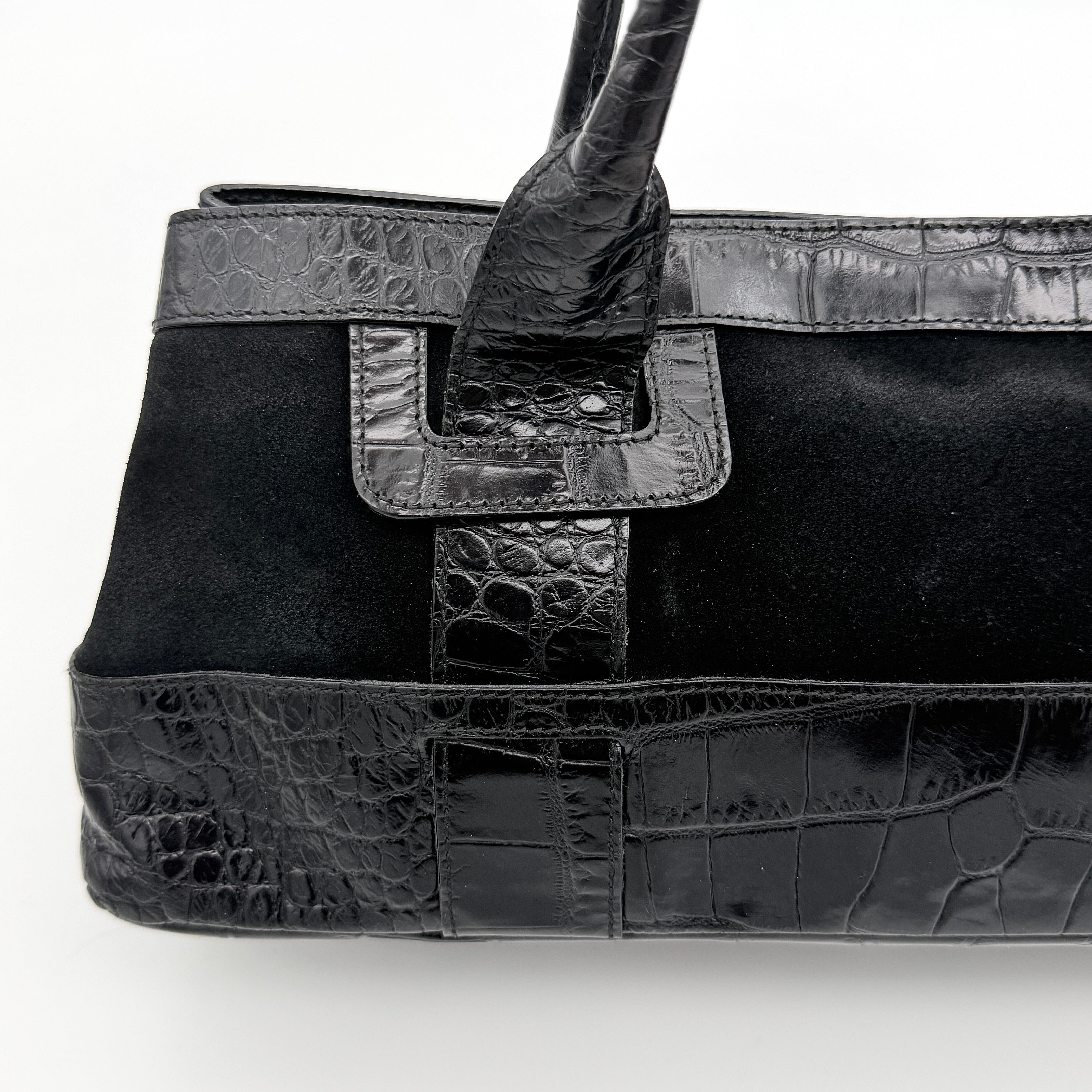 Furla Croc Embossed Leather Shoulder Bag Black