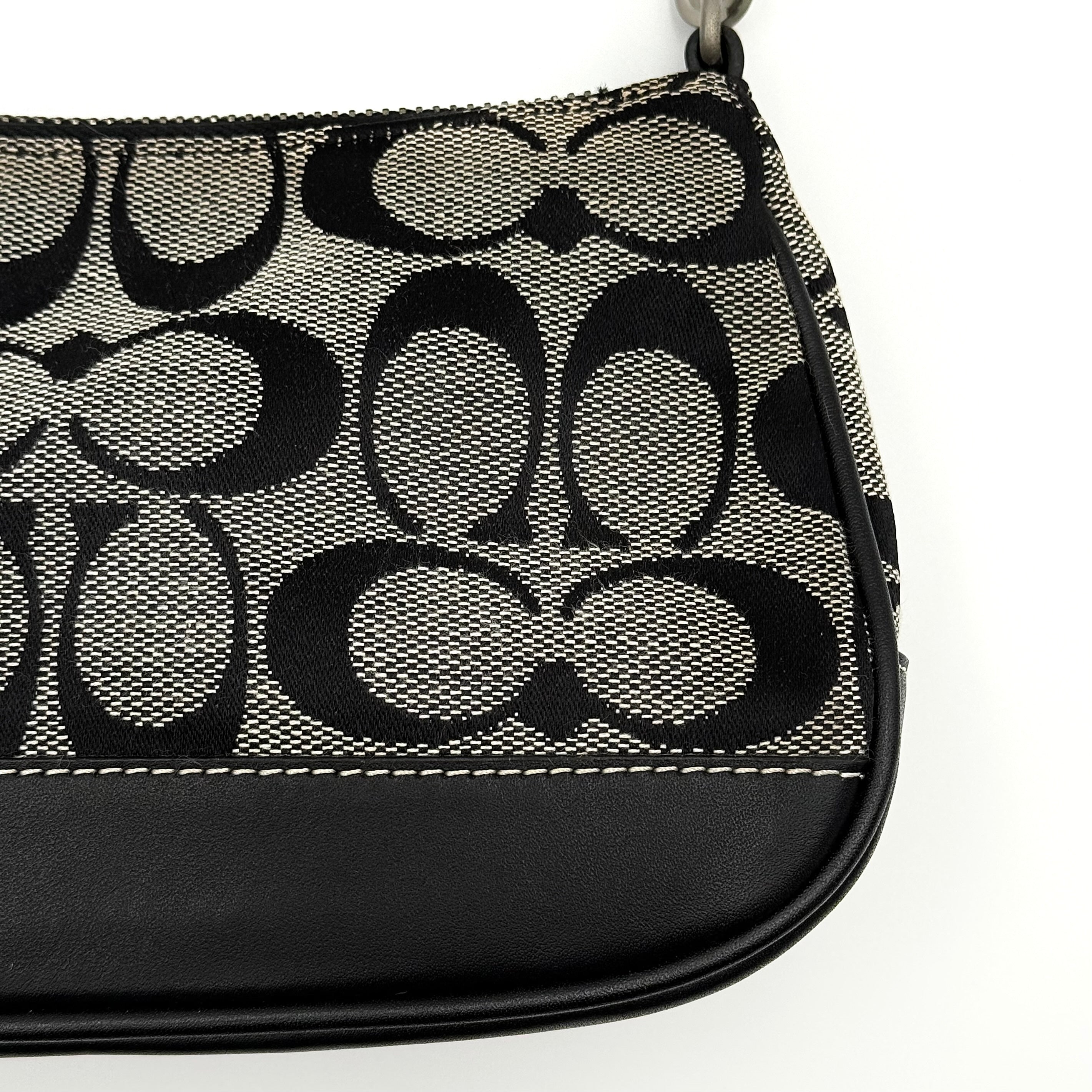 Coach Y2K Demi Shoulder Bag in black and grey signature jacquard with black leather trim and silver hardware.
