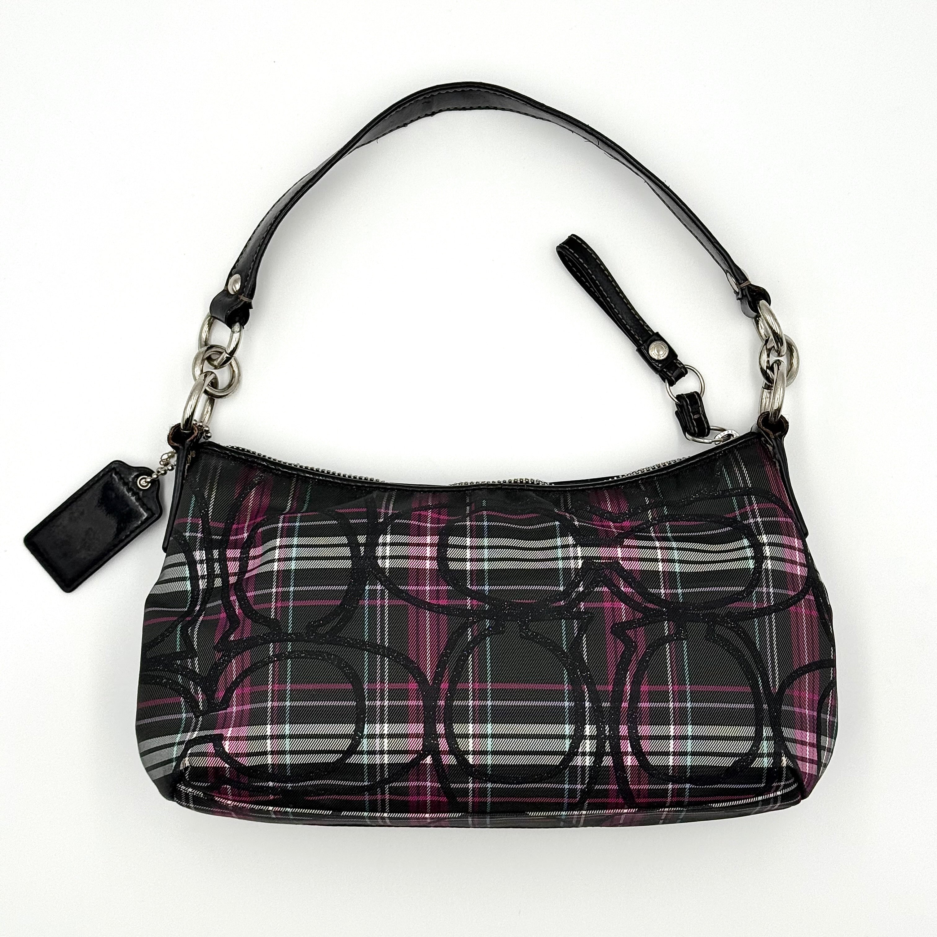 Coach 2Way Poppy Tartan shoulder bag in multi-colour plaid with detachable strap and signature silver hardware.