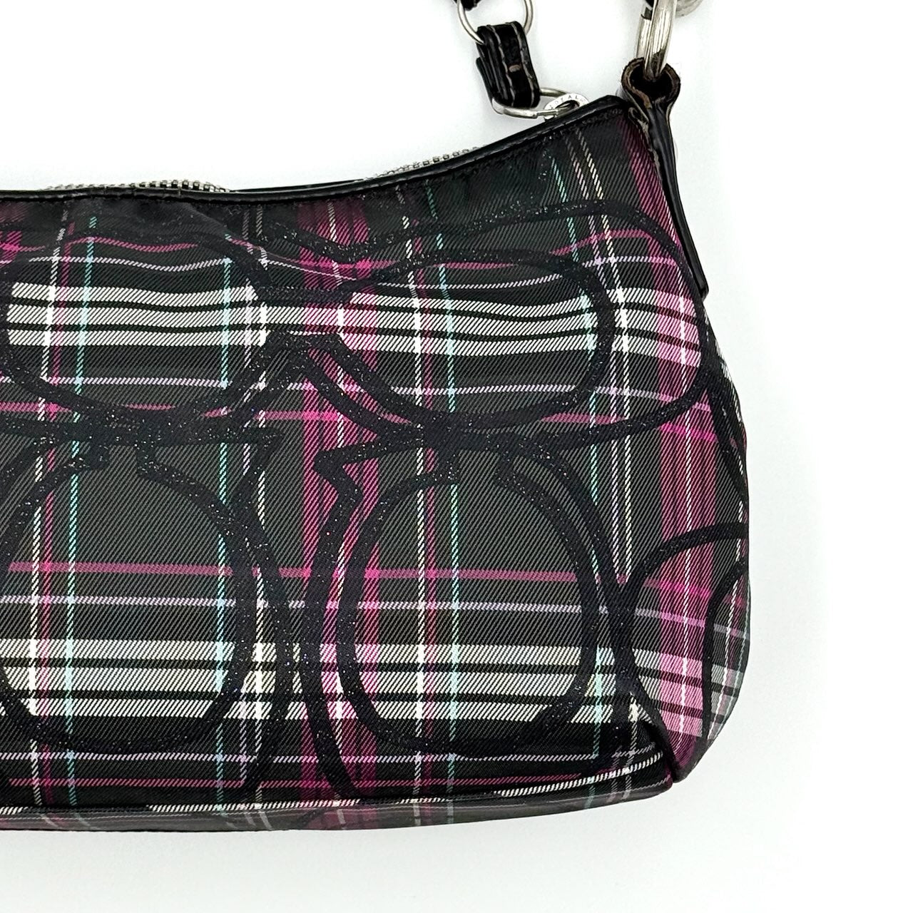 Coach 2Way Poppy Tartan shoulder bag in multi-colour plaid with detachable strap and signature silver hardware.