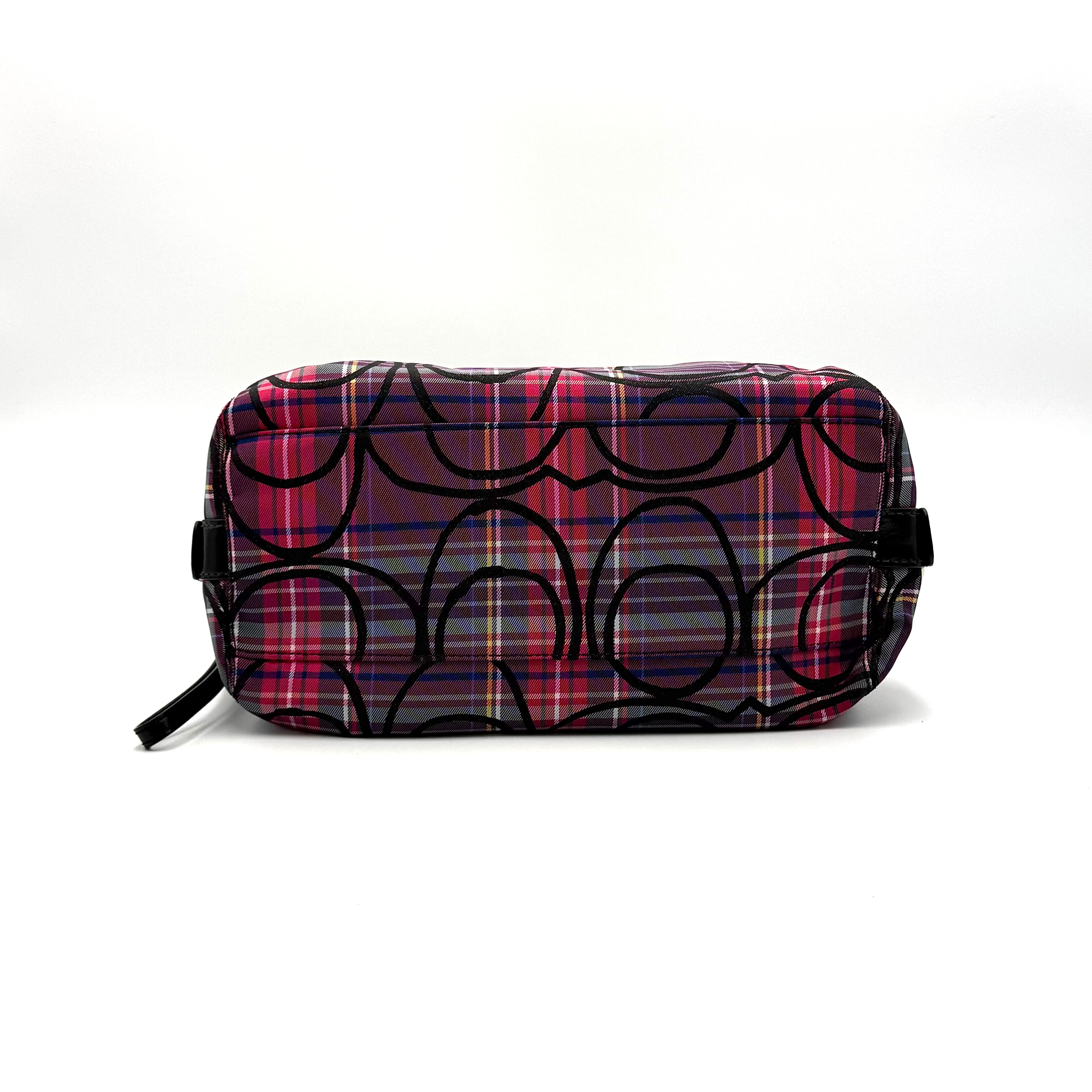 Coach Signature Poppy Tartan Shoulder Bag in vibrant multi plaid with bold black logo print, featuring black patent trim and silver hardware.