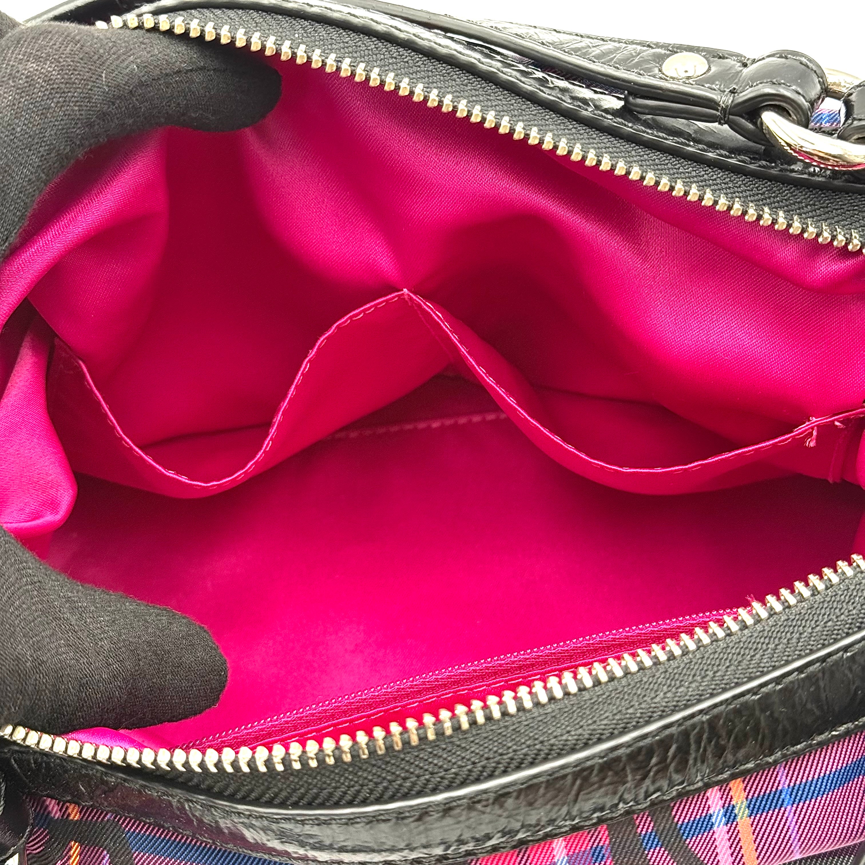 Coach Signature Poppy Tartan Shoulder Bag in vibrant multi plaid with bold black logo print, featuring black patent trim and silver hardware.