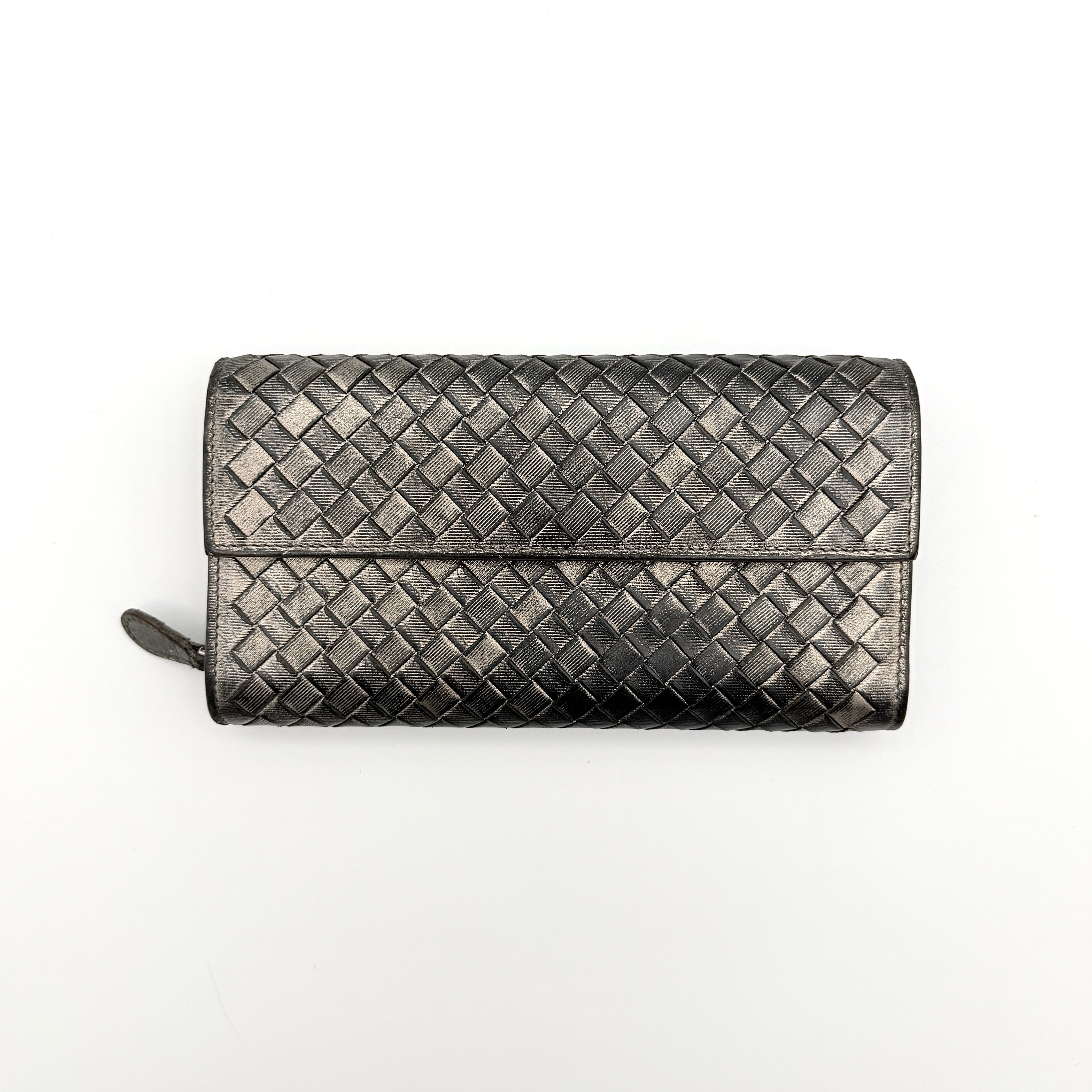 Bottega Veneta Intrecciato Flap Continental Long Wallet Metallic Grey