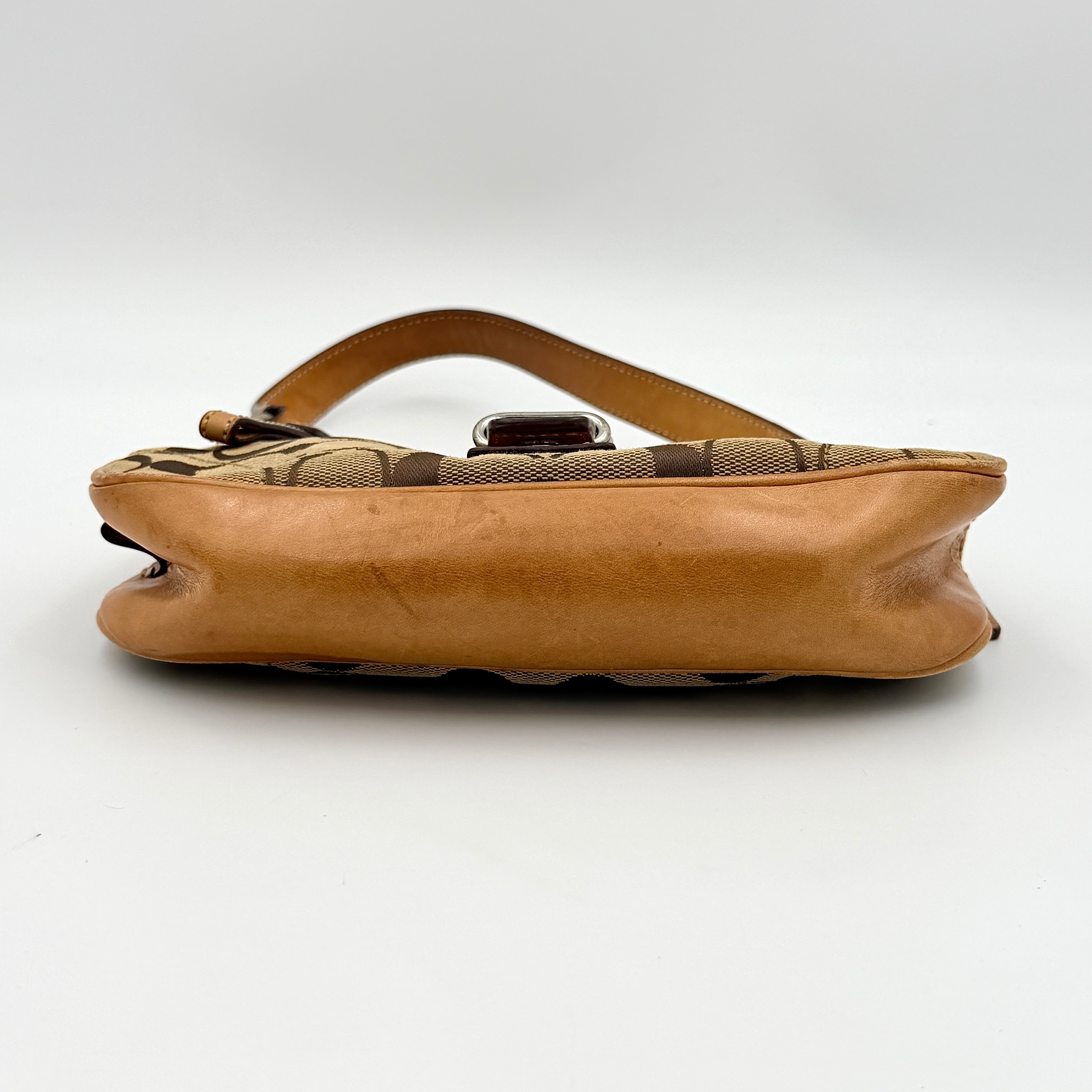 Coach Soho Demi shoulder bag in beige signature canvas with tan leather trim and silver hardware, shown with matching hangtag.