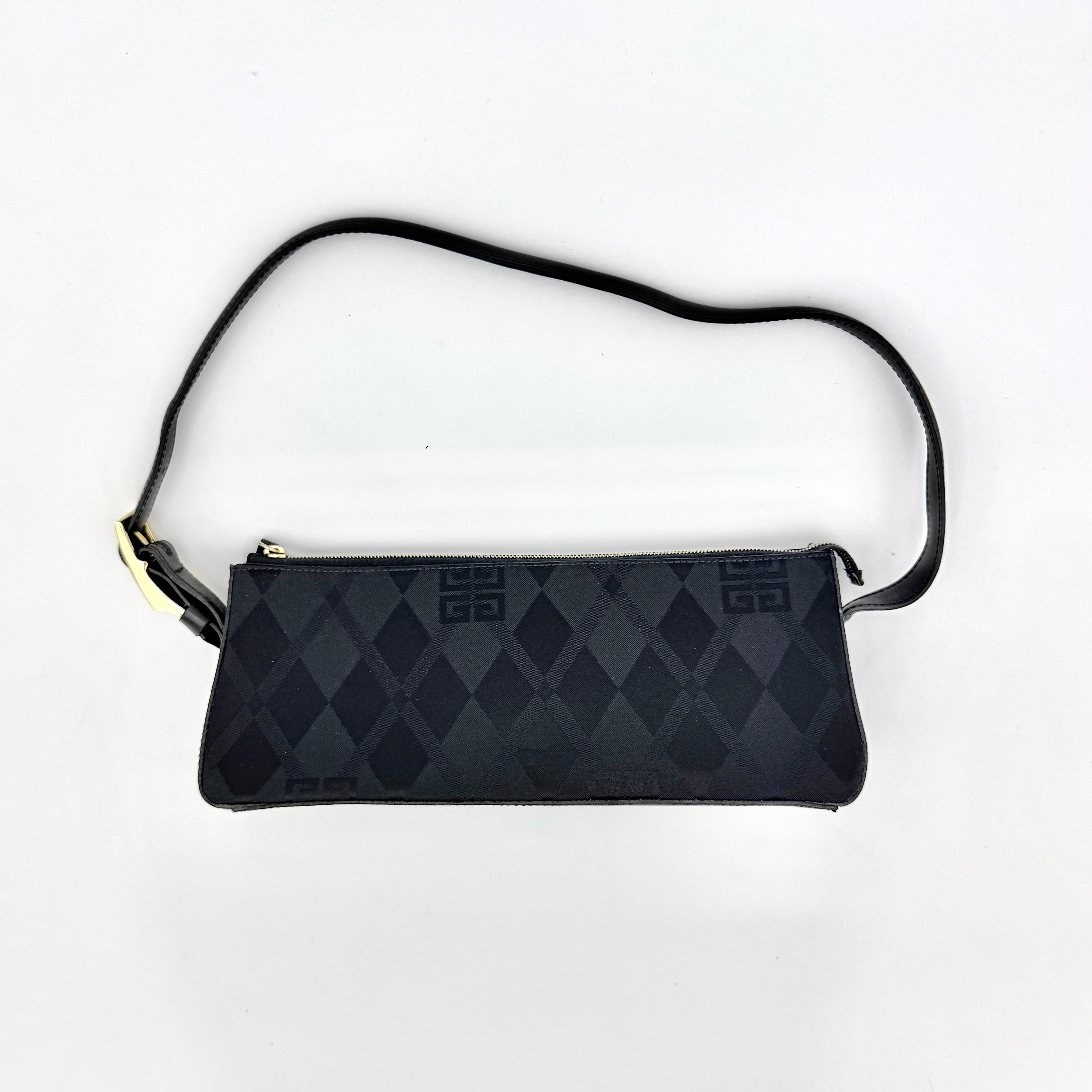Givenchy 4G Monogram Pochette Shoulder Bag in black jacquard with leather strap and gold-tone hardware, photographed on white background.