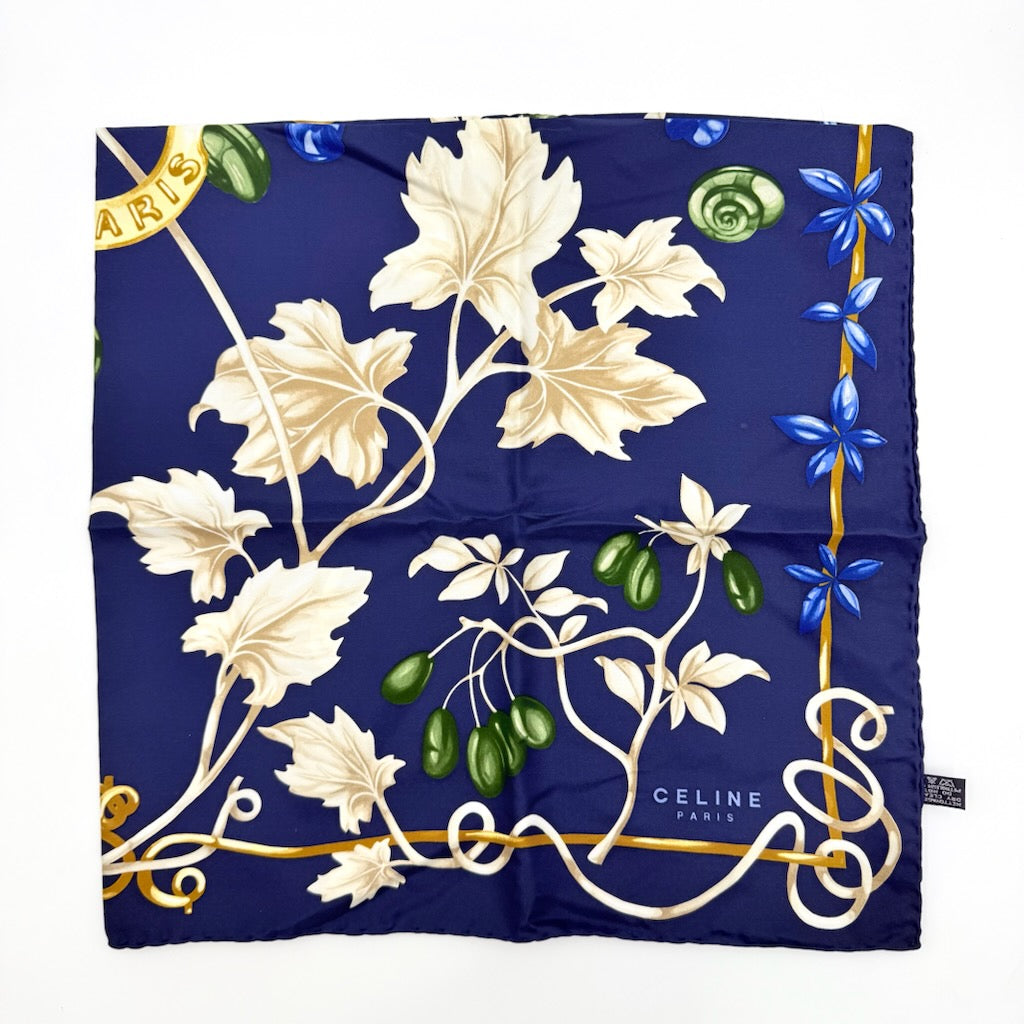 Celine Botanical Silk Scarf Navy Blue