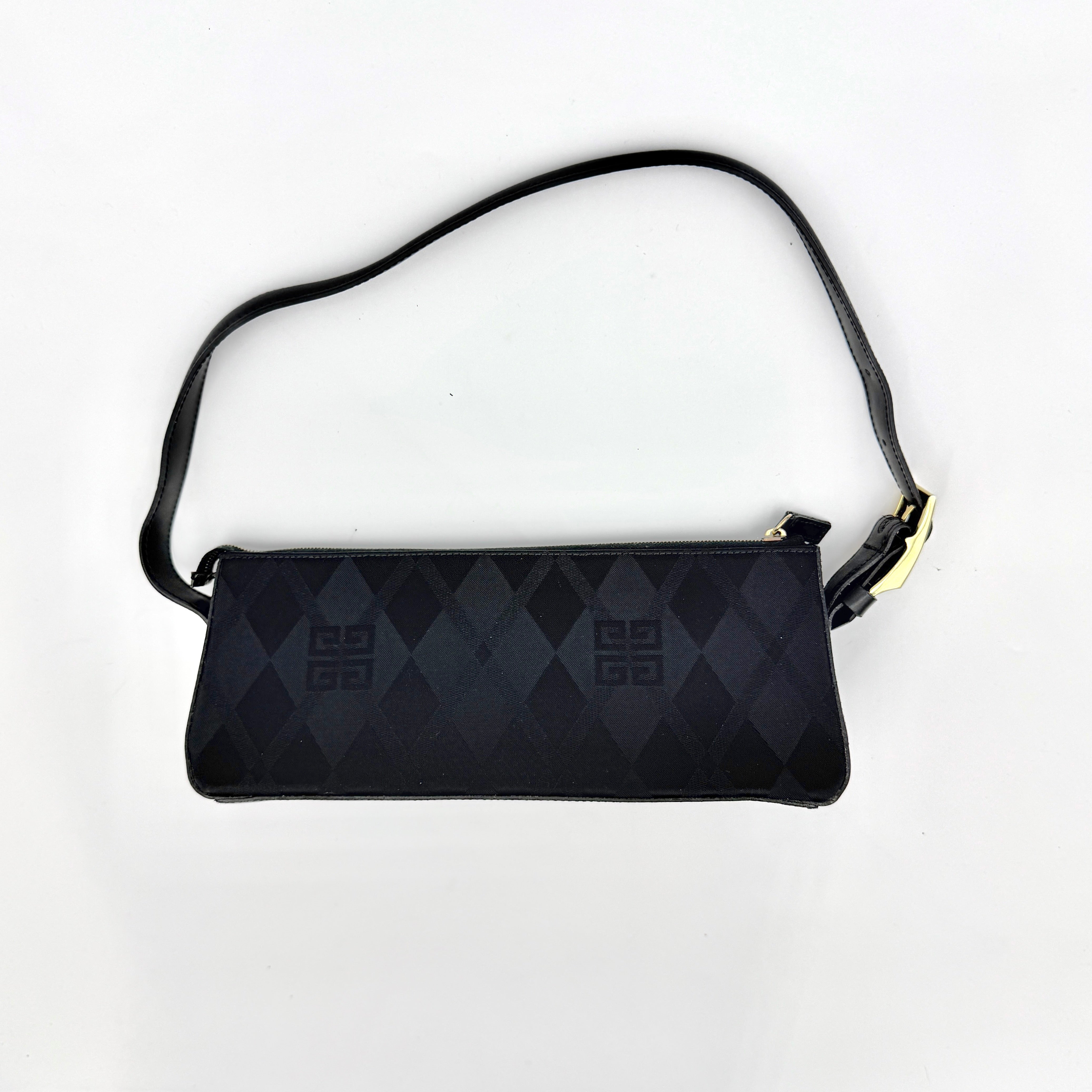 Givenchy 4G Monogram Pochette Shoulder Bag in black jacquard with leather strap and gold-tone hardware, photographed on white background.