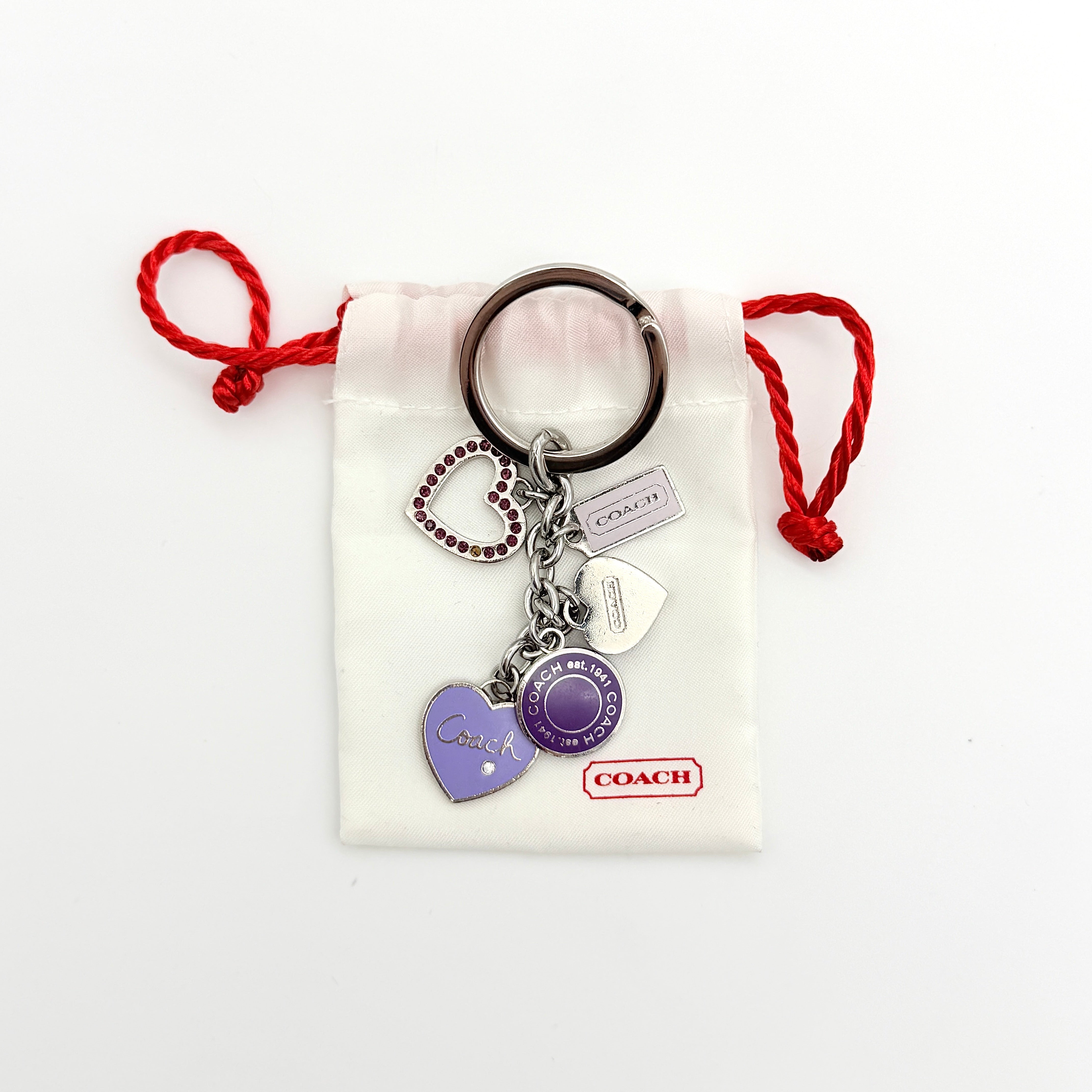 Coach Triple Heart Crystal Charms Keychain Fob Purple