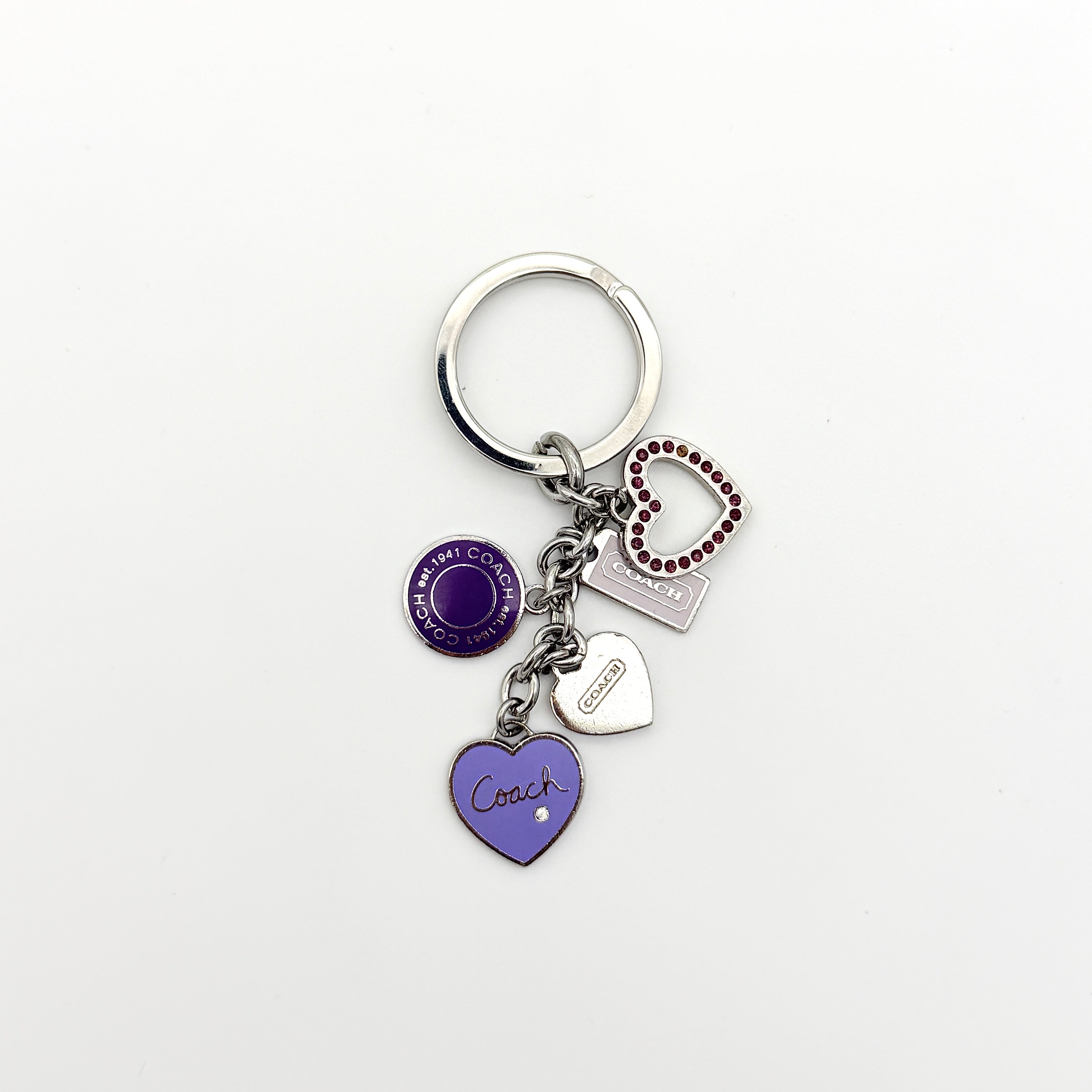 Coach Triple Heart Crystal Charms Keychain Fob Purple