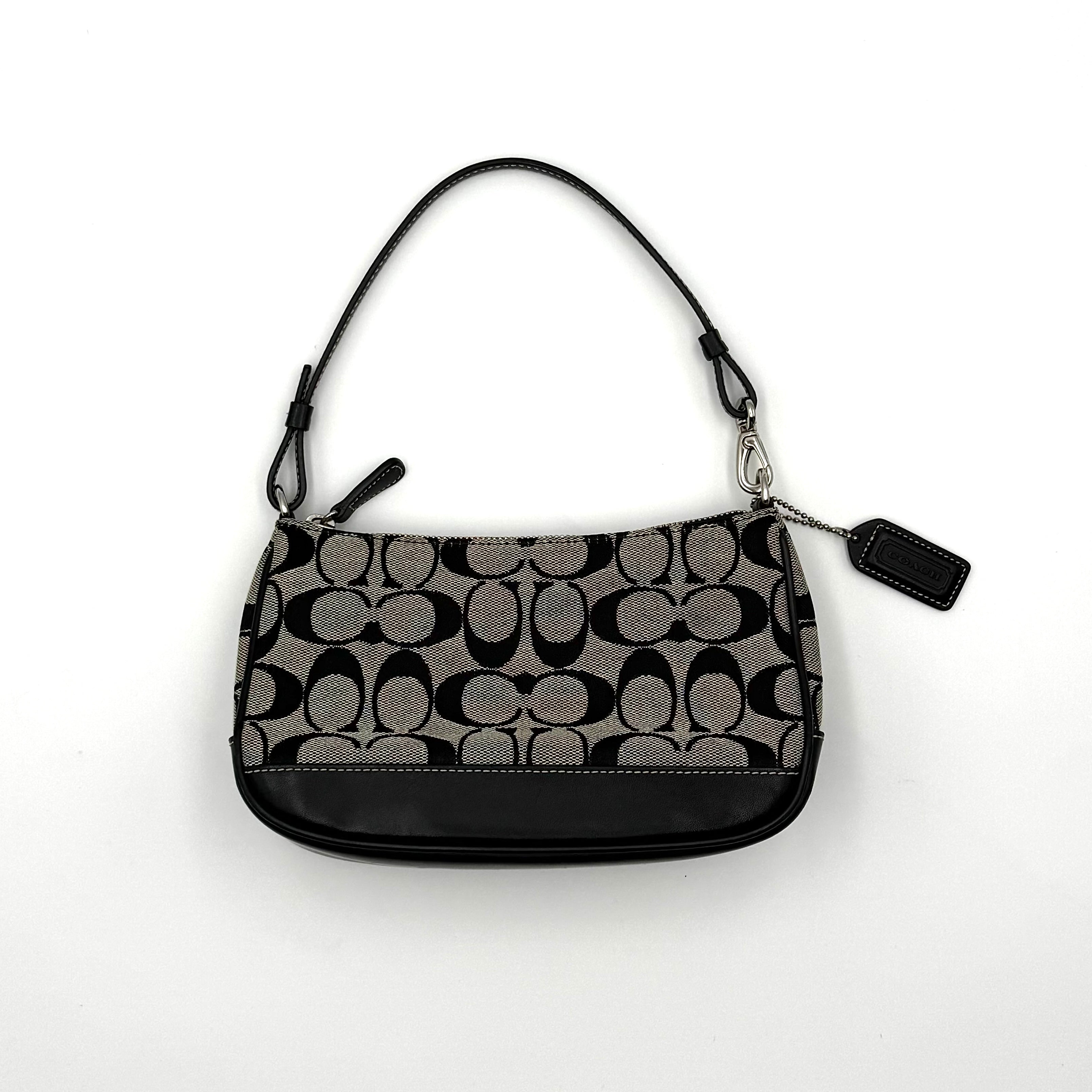 Coach Y2K Demi Shoulder Bag in black and grey signature jacquard with black leather trim and detachable Coach tag.
