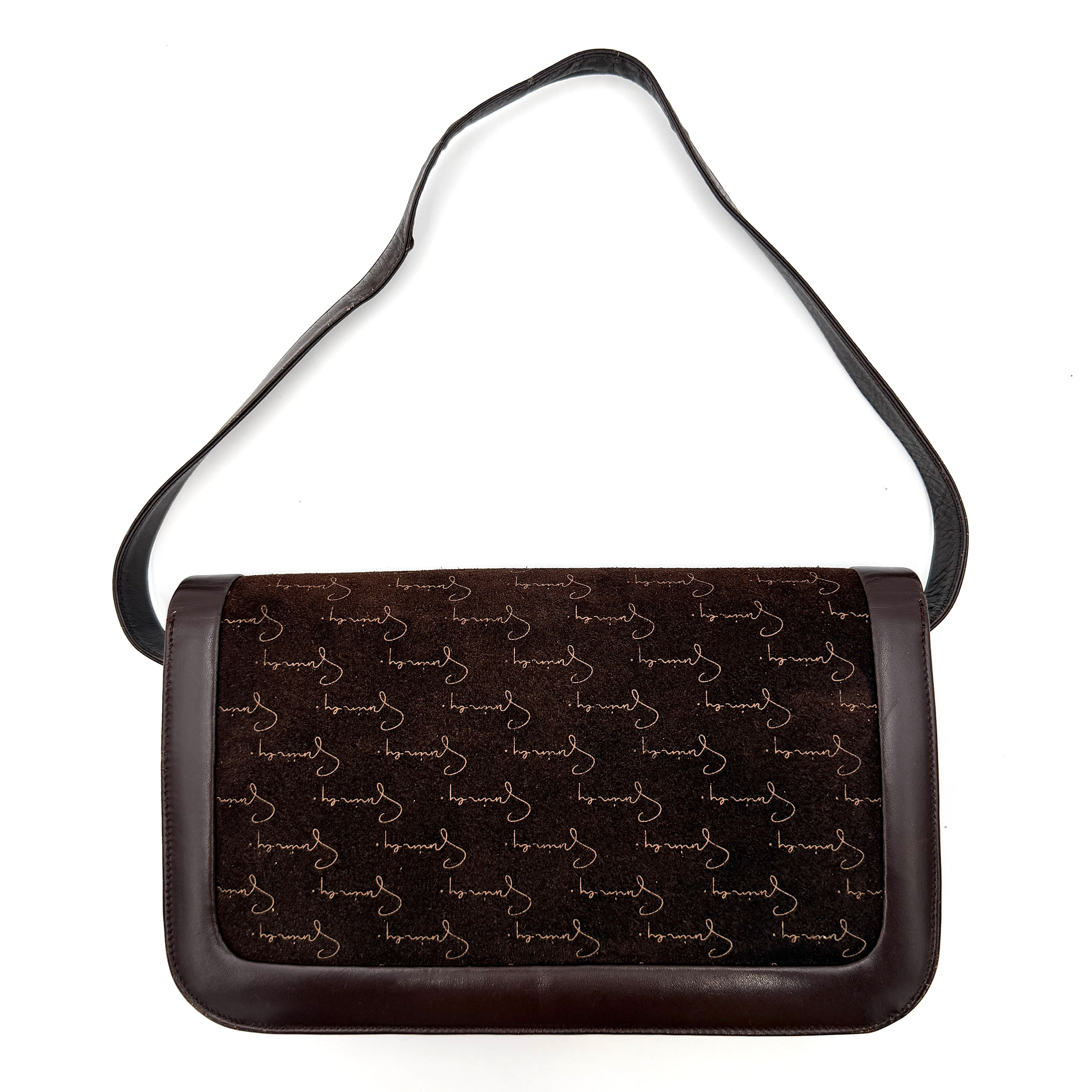 Givenchy 4G Monogram brown suede shoulder bag with leather trim and silver-tone clasp, photographed on a white background.