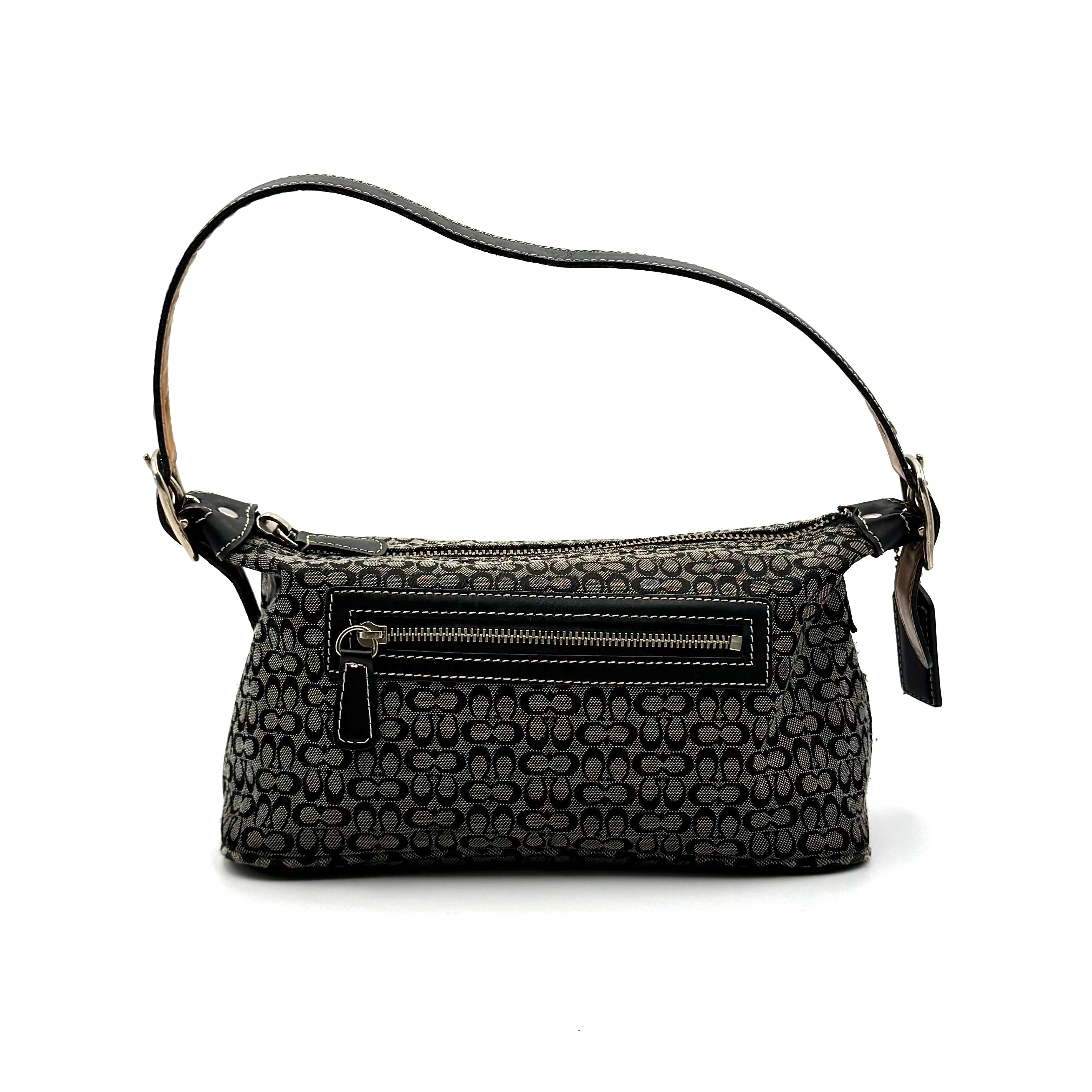 Coach Signature Hobo Shoulder Bag in grey and black canvas with leather trim and silver hardware, shown with monogram detail.