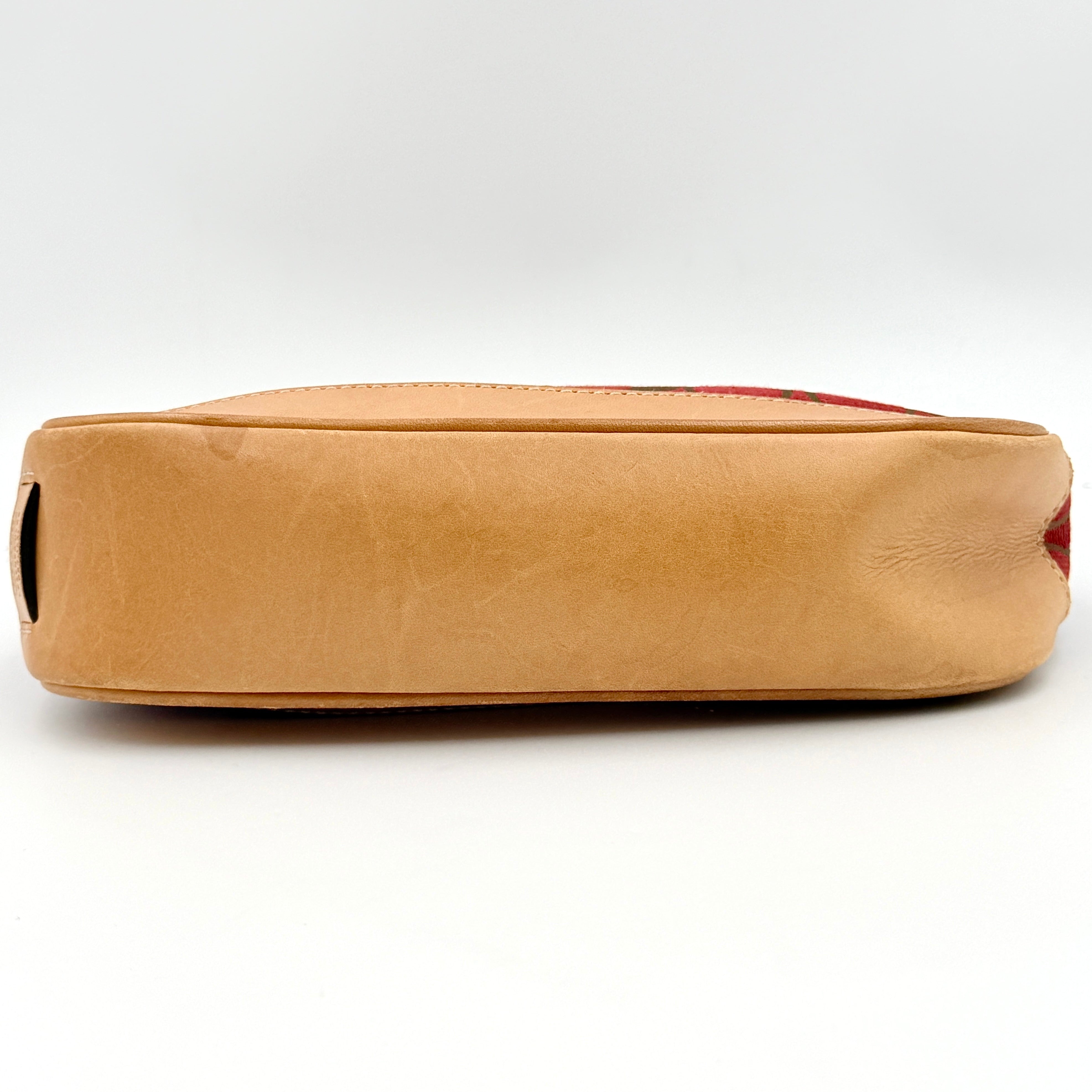 Coach Y2K Demi Shoulder Bag in red and tan signature monogram with leather trim, shown with leather strap and Coach tag.